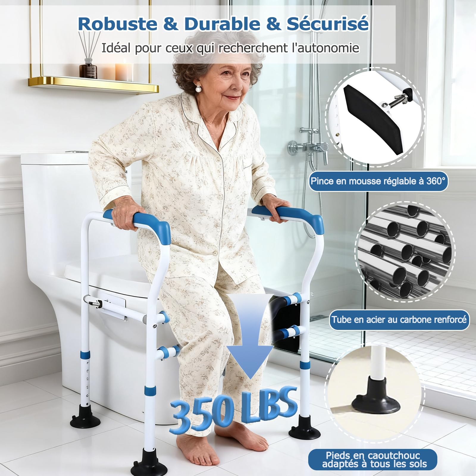 NJUN Cadre de Sécurité pour Toilettes Réglable en Hauteur, Barre d'Appui WC avec Accoudoirs et Sac de Rangement, Support de Toilette Autoportant avec Pinces EVA et Pieds Antidérapants, Sans Perçage
