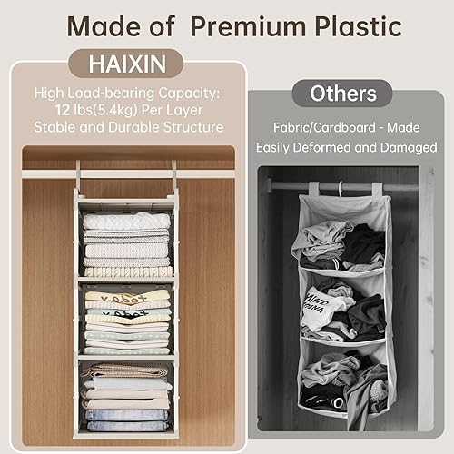 Miniatura 6 de HAIXIN Organizador de armario colgante de 3 estantes con 3 cajones extraíbles y 6 divisores, estantes colgantes de plástico, organizador de armario