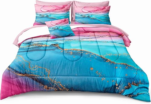 Bedorm Juego de edredón tamaño Queen en una bolsa, color rosa y azul, con 1 edredón de mármol dorado, 1 sábana encimera, 1 sábana bajera de bolsillo