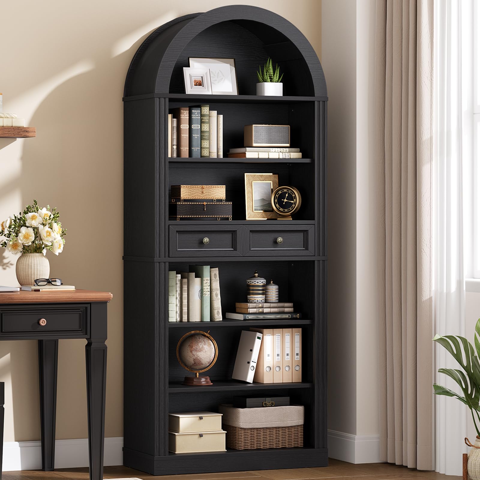 RALGEND 73 Inch Arched Bookshelf with Drawer and 6 Tier Storage in Black