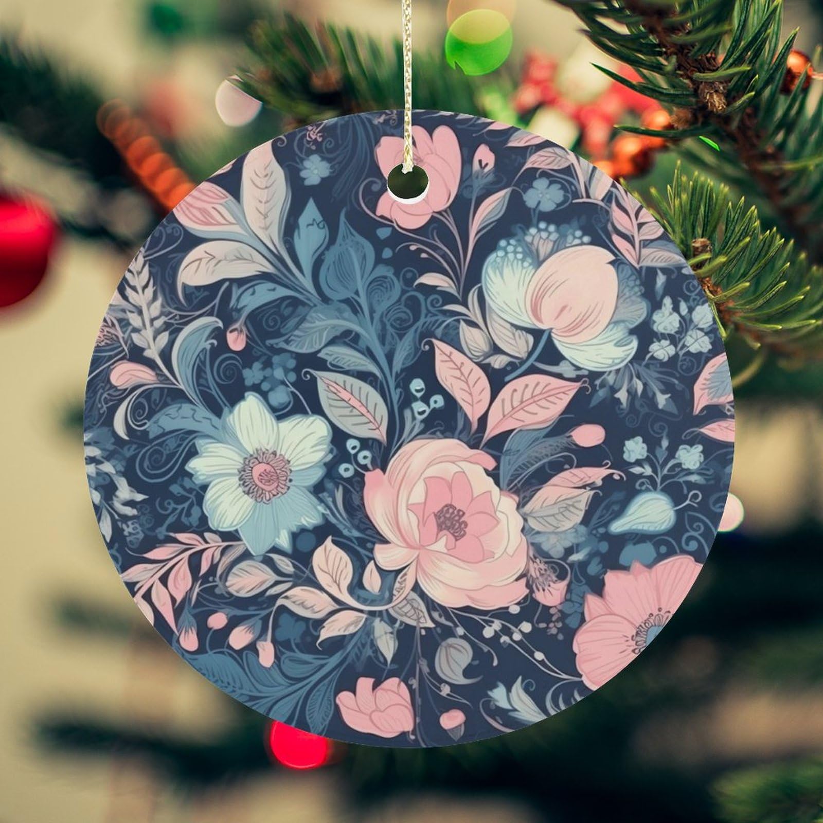 Romantic Floral Style Christmas Ornament for Christmas Tree Ceramic Round Ornament Winter Holiday Keepsake Gift 2.7" Christmas Tree Hanging Decorations Circle Ceramic Pendant Xmas Gift