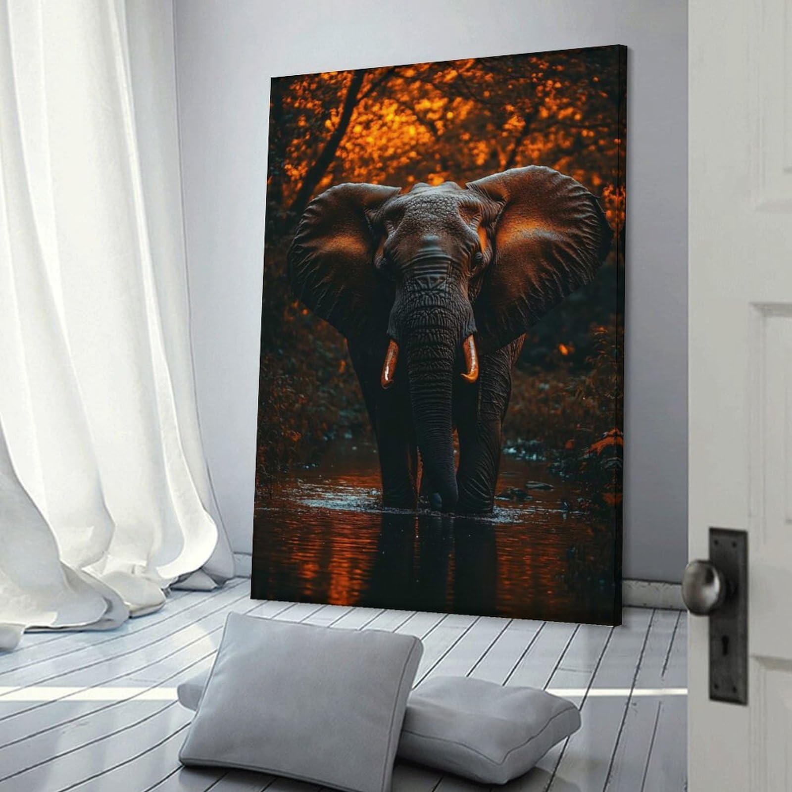 Junmoney Room Decor Wall Art Elephant Wading through Water, Forest Background, 24x36inch(60x90cm), for Hallway, Bedroom Or Modern Interiors, Gift Idea for Housewarming And Birthdays