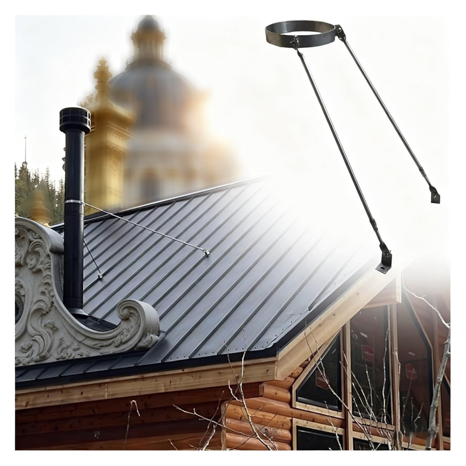 JYHHGDS Heavy-Duty Stove Pipe Roof Bracket Kit - Solid Steel Chimney Support Poles & Clamps for Enhanced Stability Against Snow & Wind (Hoop Dia - 4 3/4" / 120mm)