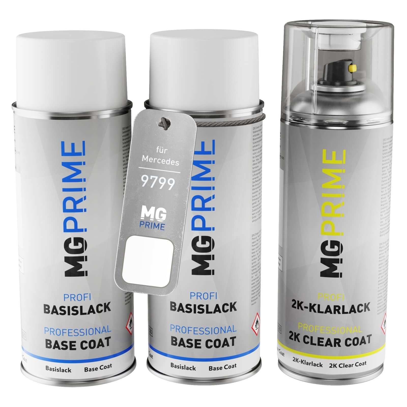 MG PRIME Autolack Spraydosen für Mercedes 9799/799 Diamantweiss Pe. +2K | Designo Diamantweiss Bright / Diamantweiss Perleffekt, Set aus Grundlack + Basislack + 2K Klarlack, Sprühdosen 400ml