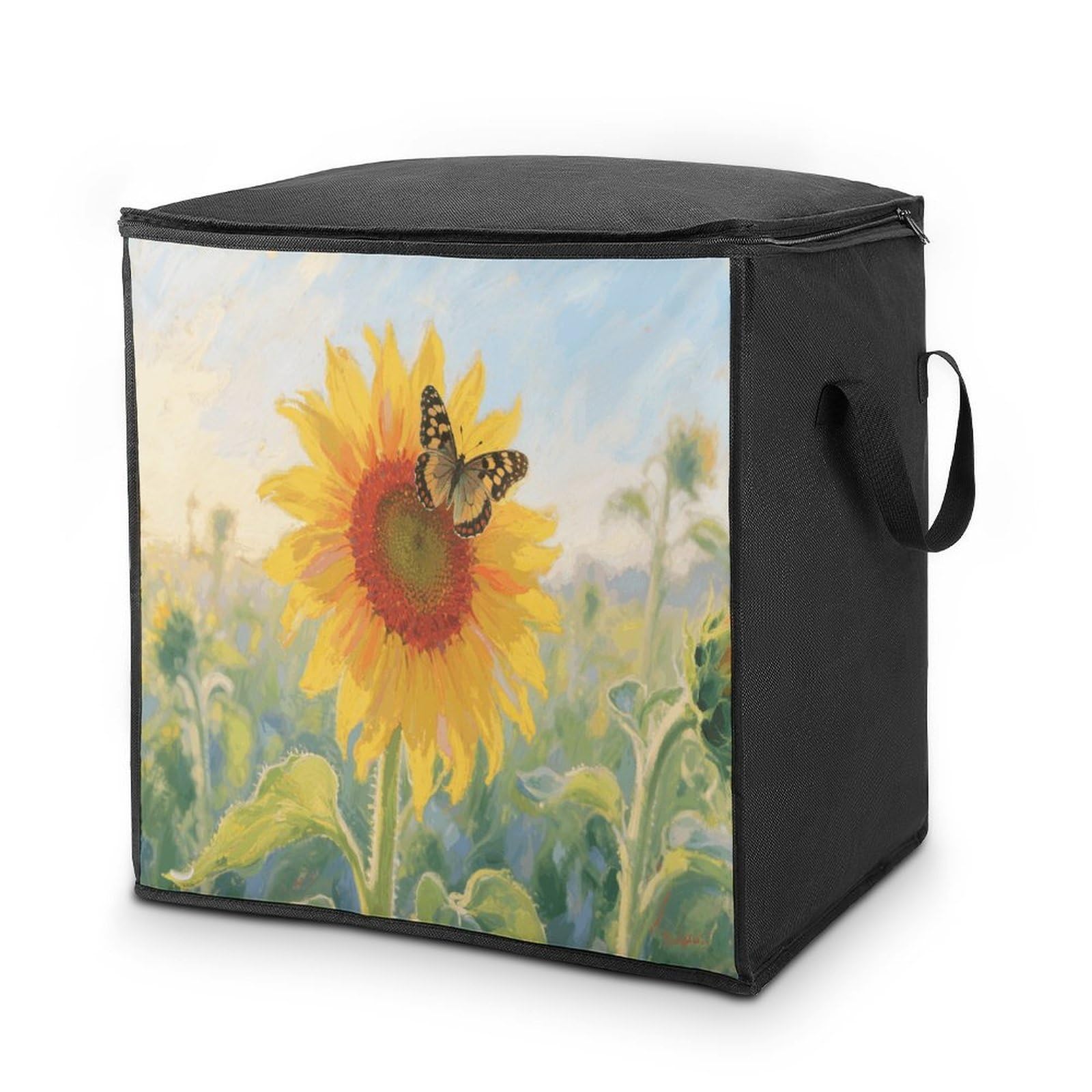 Sunflower Butterfly Large Storage Bags with Zippered Storage Organizers Bag Clothes Storages Bins with Lids Foldable Storages Containers with Reinforced Handles for Blanket Bedding