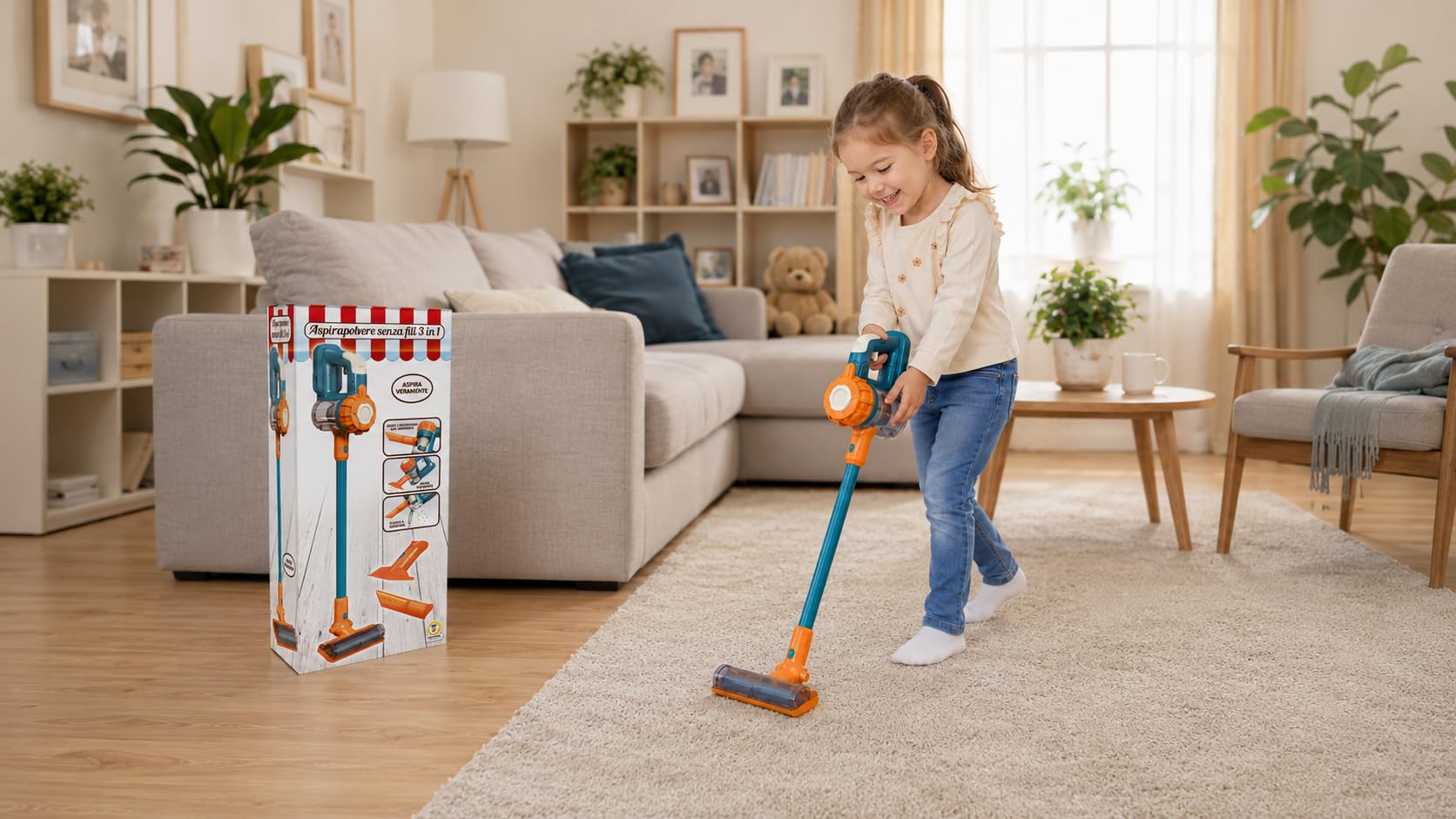 Teorema Giocattoli, Aspirateur Jouet pour Enfants fonctionnant avec Sons, 3 Accessoires interchangeables et conteneur ouvrable - Jeu éducatif à partir de 3 Ans, Aspirateur sans Fil 3 en 1
