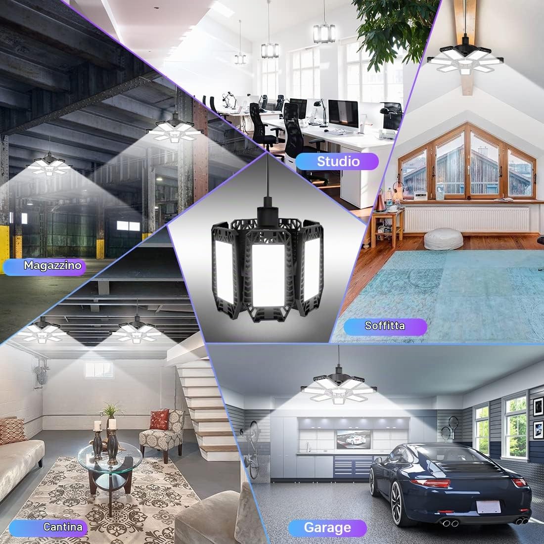 YIQIBRO Plafoniera LED Garage 200W 2 Pezzi, 20000LM 6500K Lampada da Garage Deformabile con 7+1 Pannelli Regolabili, E27/E26 Officina Plafoniera LED per Magazzino Ufficio Cantina Cucina Negozio