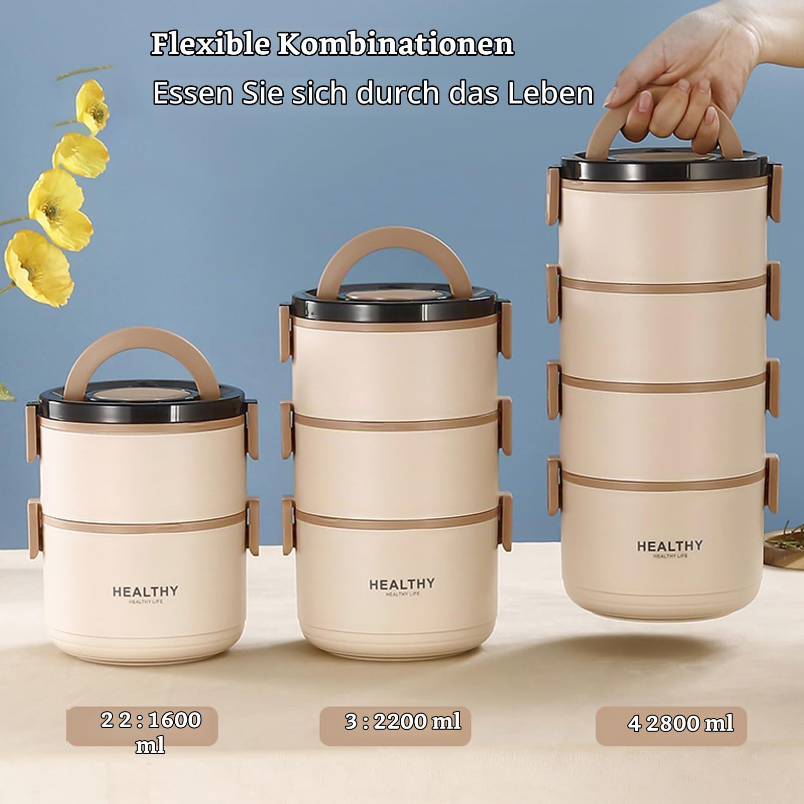 Tragbares, Isoliertes Lebensmittel-Lunchbox-Set, Lunchbox aus Edelstahl für Erwachsene und Kinder, Mikrowellengeeignete, Stapelbare Lunchbox-Behälter (4 Schichten