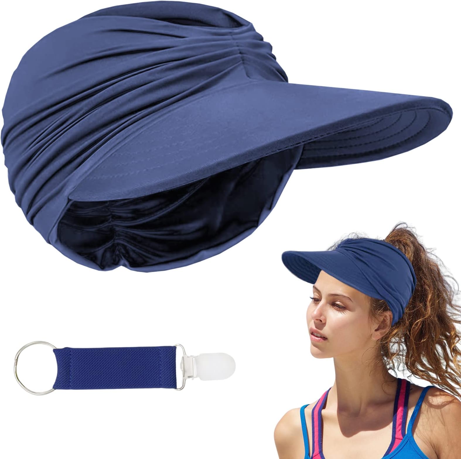 BeamelyWomen Sun Visor Hat with Hat Clip, Foldable Topless Beach Hat Summer Wide Brim Sunhats UV Protection Hat Quickly Dry Caps with Ponytail Hole for Golf, Sport, Travel, Outdoor