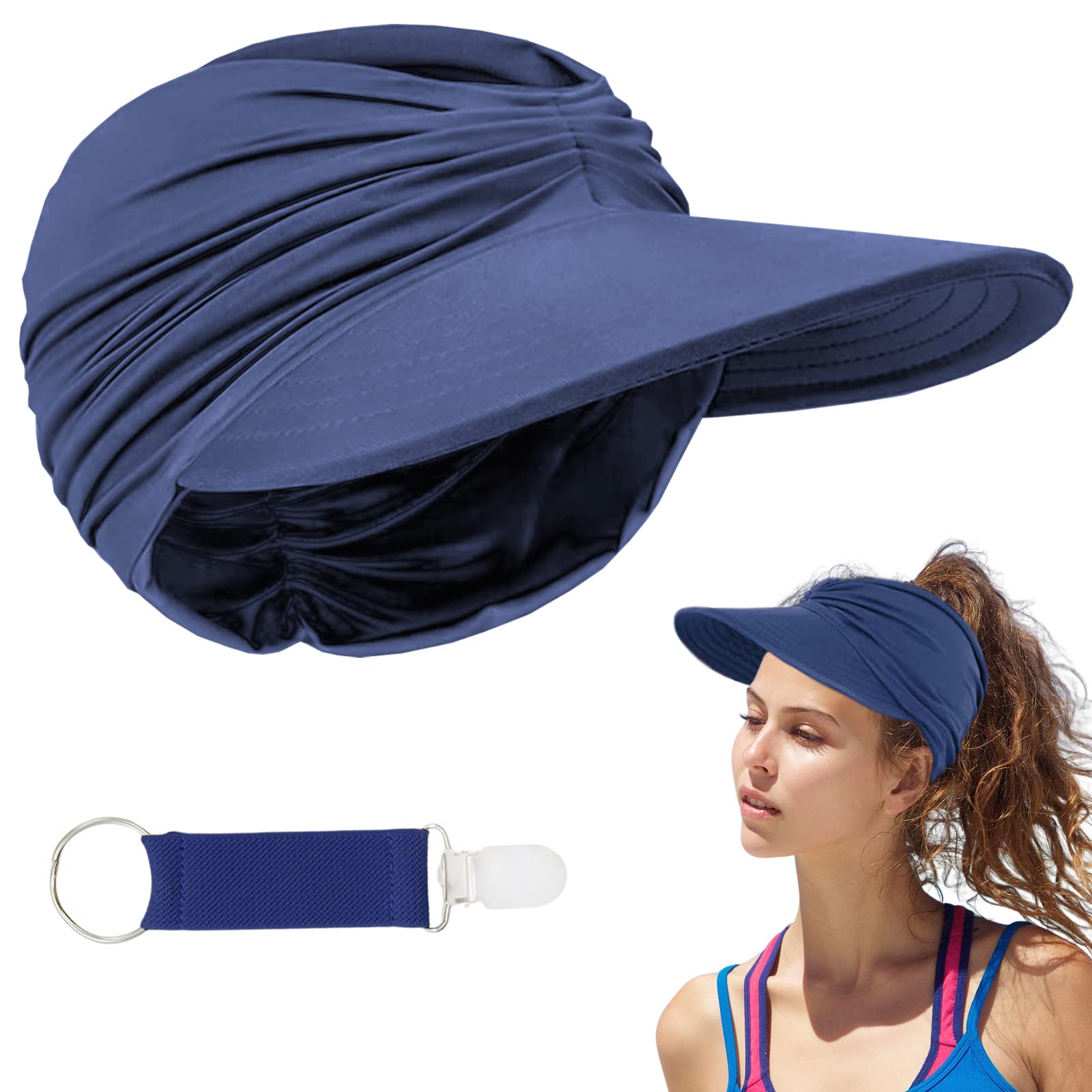 BeamelyWomen Sun Visor Hat with Hat Clip, Foldable Topless Beach Hat Summer Wide Brim Sunhats UV Protection Hat Quickly Dry Caps with Ponytail Hole for Golf, Sport, Travel, Outdoor