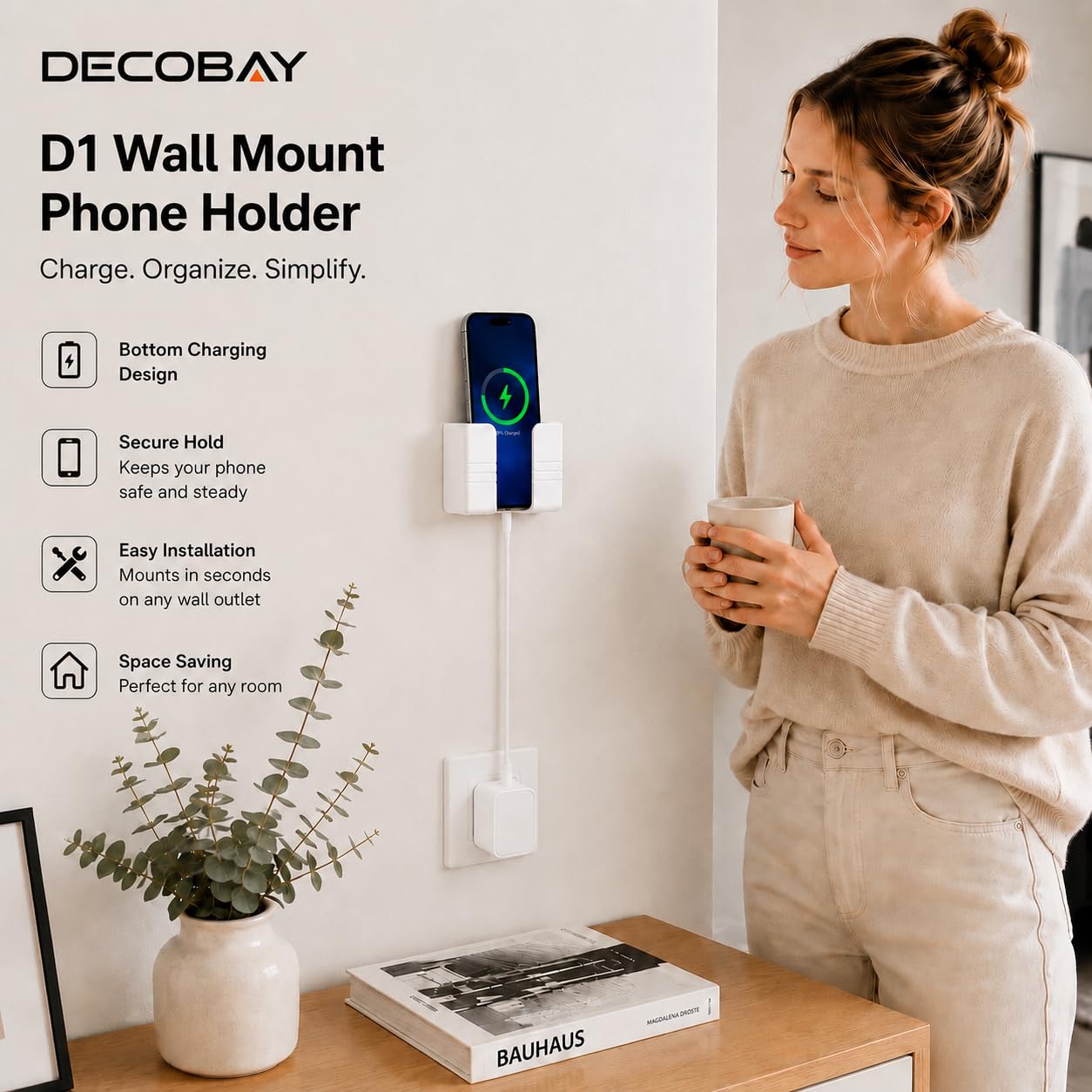 D1 Supporto da parete per telefono, supporto per telefono con adesivo e cavo dati, supporto per doccia, ricarica, camper, compatibile con iPhone, telecomando TV, smartphone e altro (bianco)