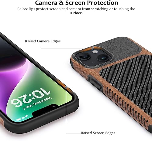 Miniatura 3 de ZZDZZ Funda magnética compatible con iPhone 13 Mini compatible con MagSafe diseño de fibra de carbono de madera y cuero, funda híbrida a prueba de