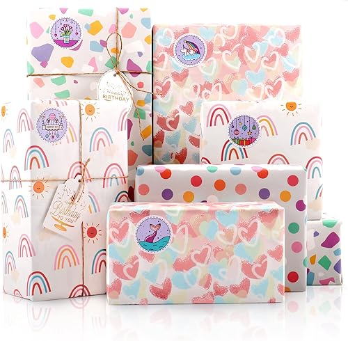 MAMUNU Juego de 8 hojas de papel de regalo, papel de regalo de cumpleaños arcoíris para niñas, hojas de papel de regalo con etiquetas de regalo y
