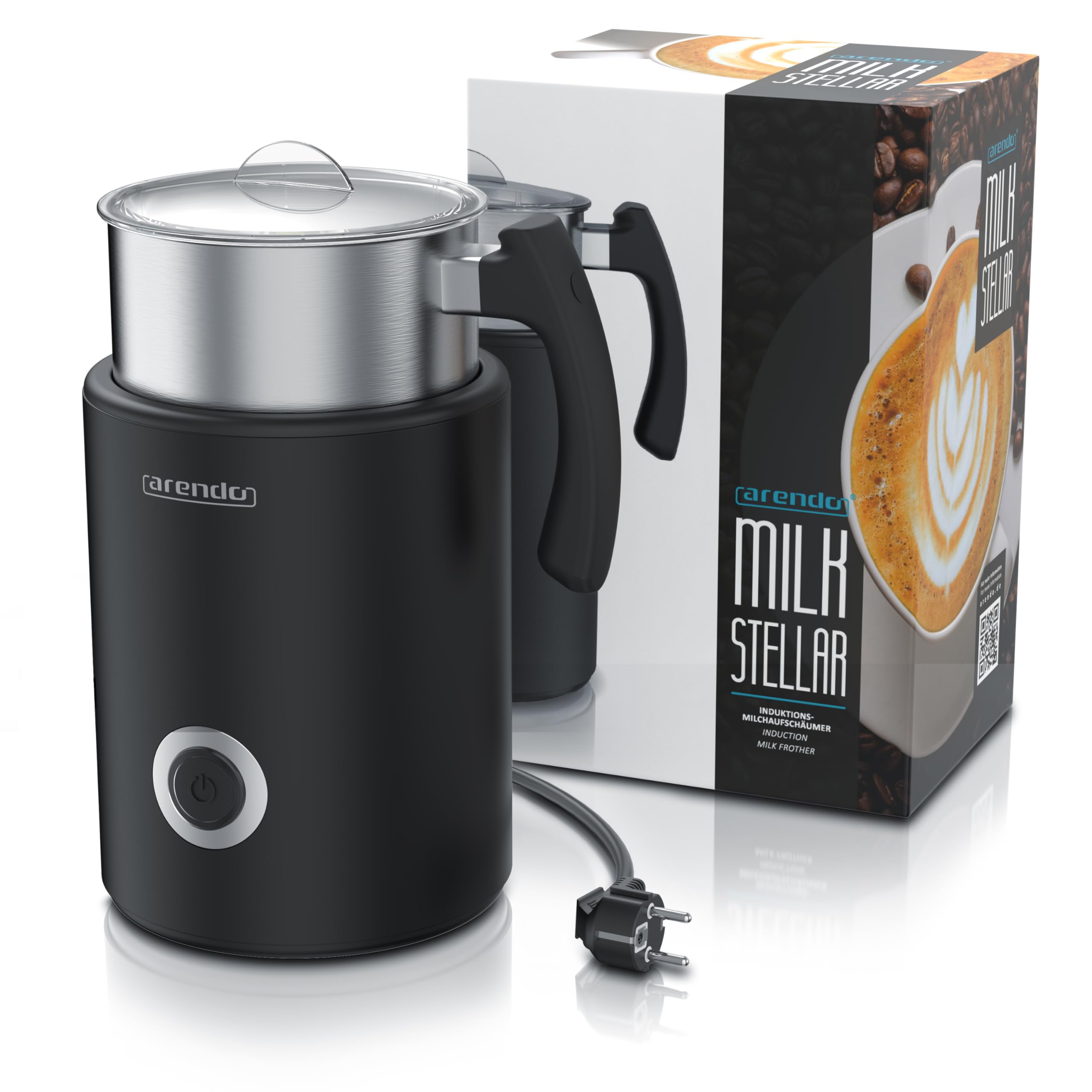 Arendo - Milchaufschäumer Induktion - elektrisch 500 W – 3 Programme – heiß und kalt aufschäumen – 250 ml Aufschäumen – 500 ml Erhitzen – Antihaftbeschichtung – Cappucino/Latte Macciato