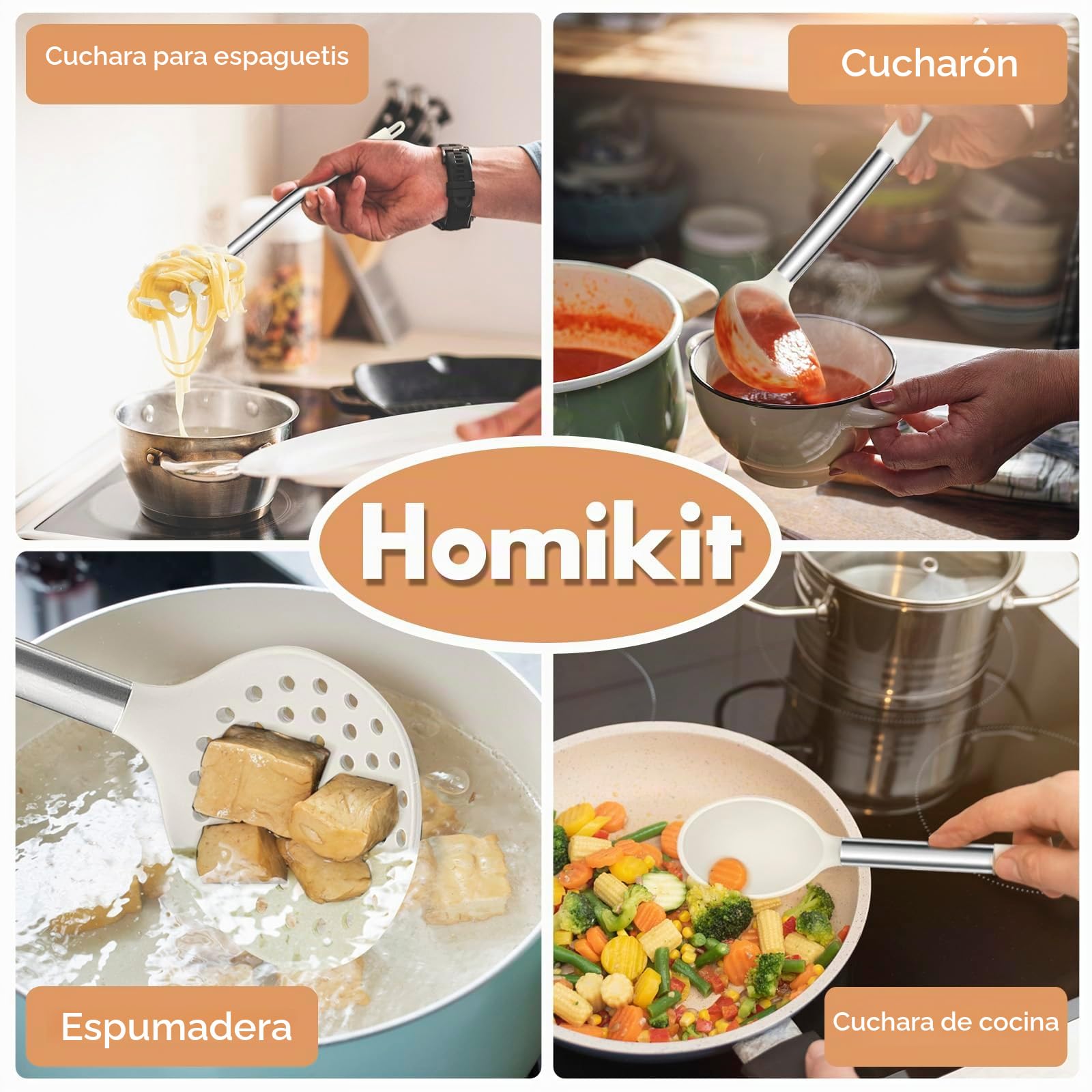 Homikit Juego de utensilios de cocina de silicona, 10 piezas con mango de acero inoxidable, antiadherente, con soporte para utensilios, color blanco