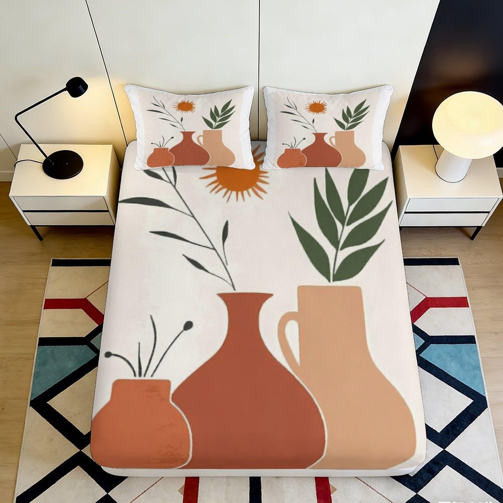 3D Printed Abstract Vase Art Fitted Sheet Microfiber Earth Tone Botanical Bed Cover for Bedroom Decor 120x200x25cm
