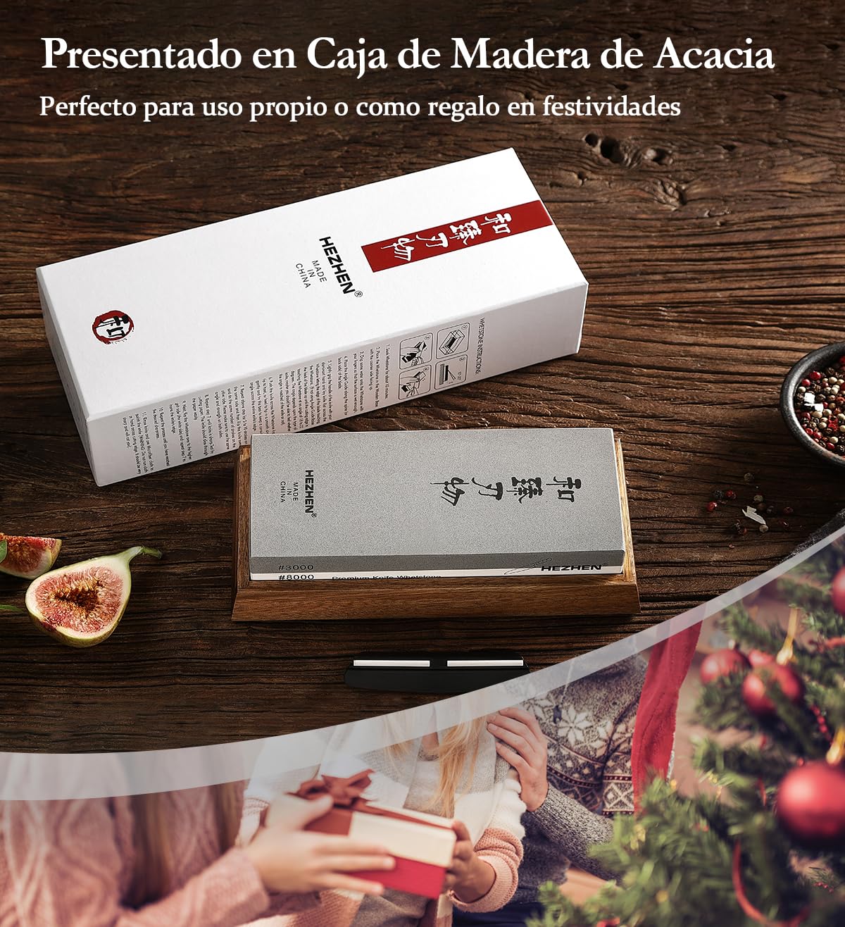 HEZHEN Piedra de Afilar Grande de Corindón Blanco, Grano 3000/8000 Doble Cara Afilador de Cuchillos Profesional, con Base Antideslizante de Madera, Guía de Ángulo y Piedra de Aplanamiento