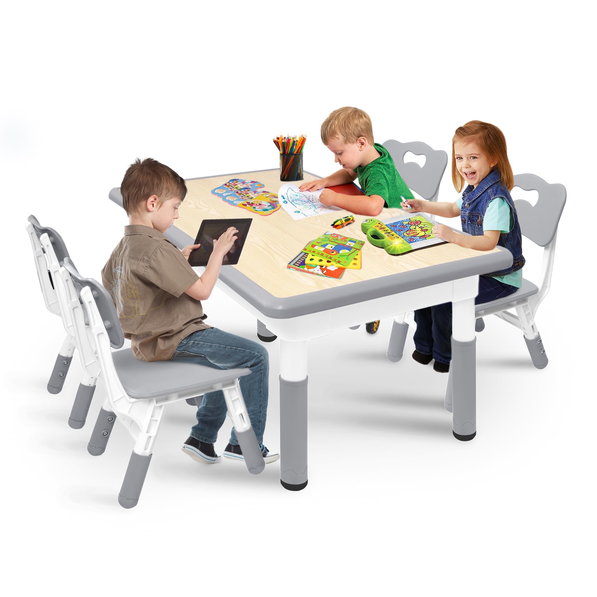 YEATHOR Kids Table and 4 Chairs Set, HDPE Plastic Children's Furniture with Height Adjustable, Toddler Table Set for Classroom, Nursery and Home, Easy to Clean, 120 x 60 cm, Grey