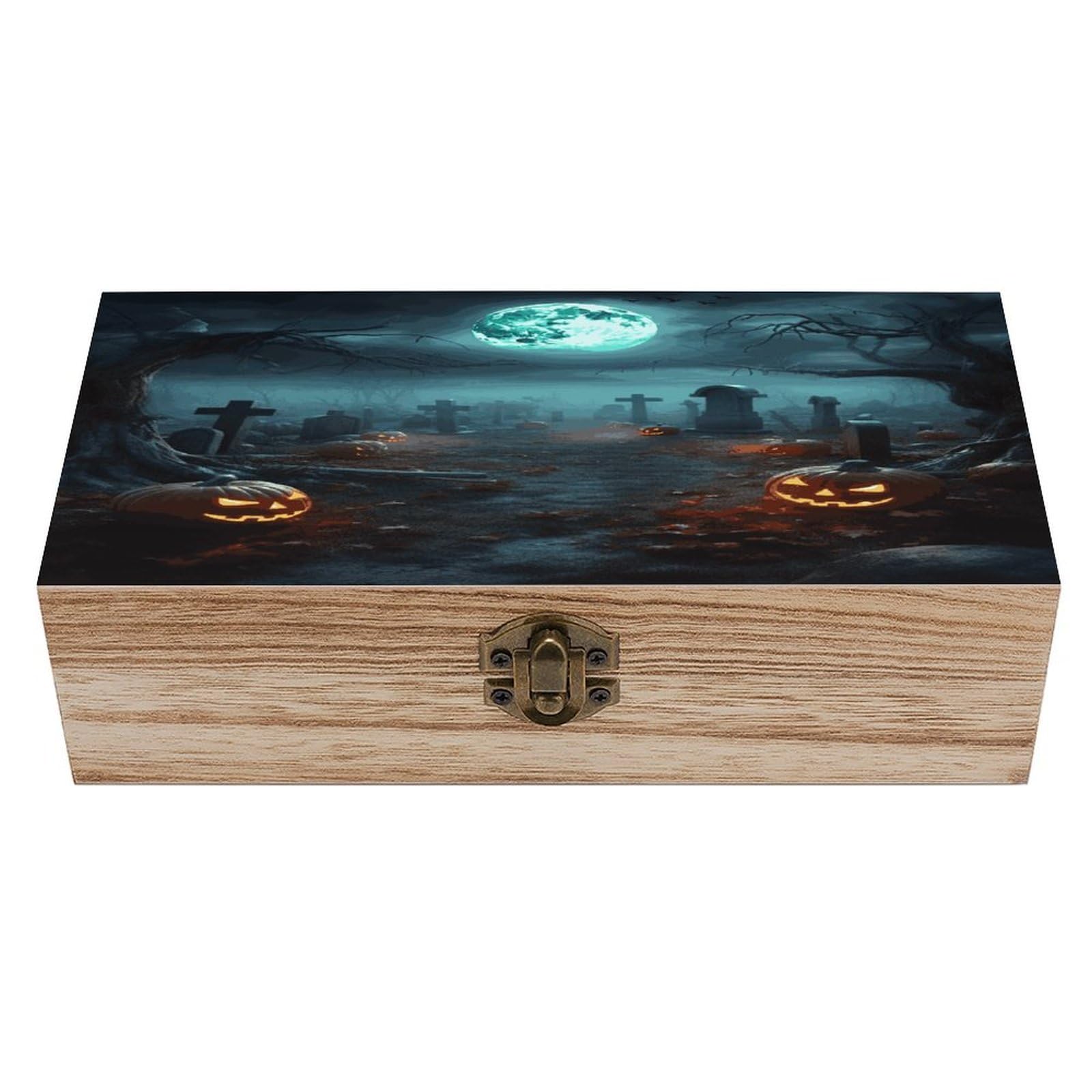Btcowzrv Style Horror Pumpkin Cemeteryhorror Pumpkin Cemetery Wooden Storage Box, Keepsake Box With Hinged And Retro Lock, Wood Jewelry Organizer For Photos & Mementos And Home Decor