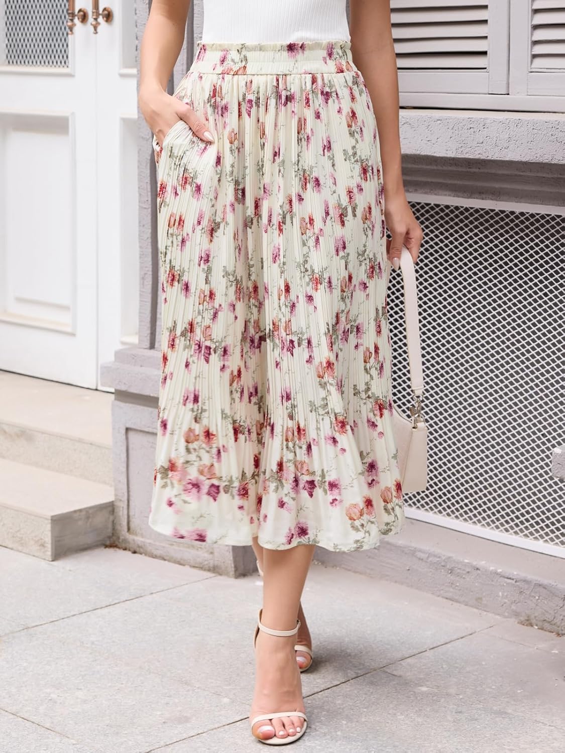 BAISHENGGT Womens Midi Skirt Summer Casual Floral Pleated A-Line Flowy Long Skirts with Pockets for Beach Vacation