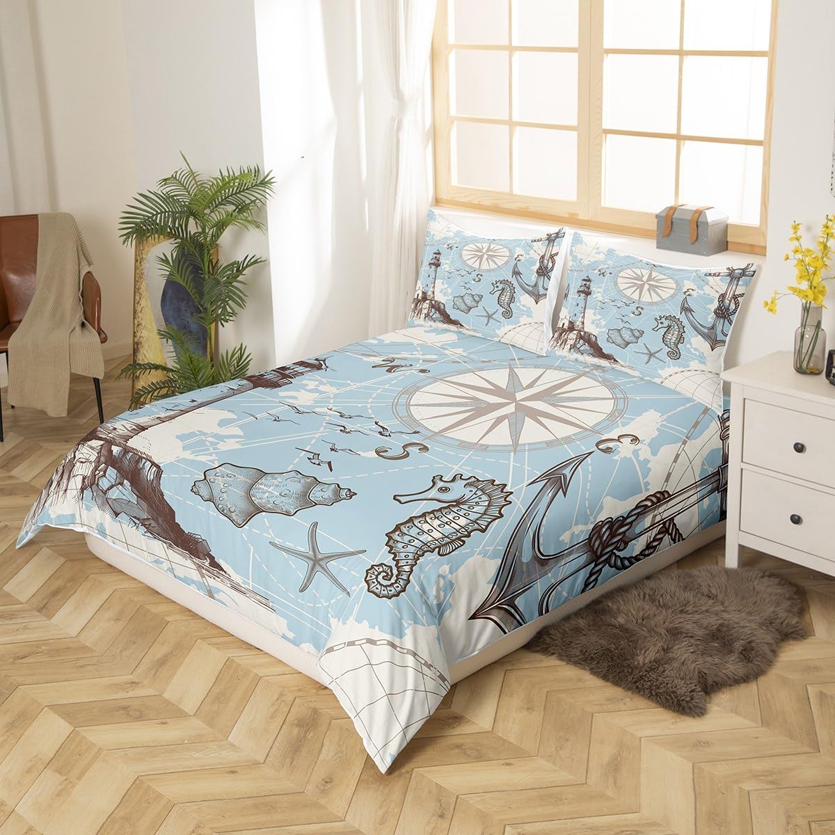 Retro Nautical Theme Duvet Cover Set Twin Size for Kids Boys Bedroom Decor,Abstract Lighthouse Anchor and Compass Bedding Sets Teens Ocean Adventure Comforter Cover Brown Blue Quilt Cover 2pcs