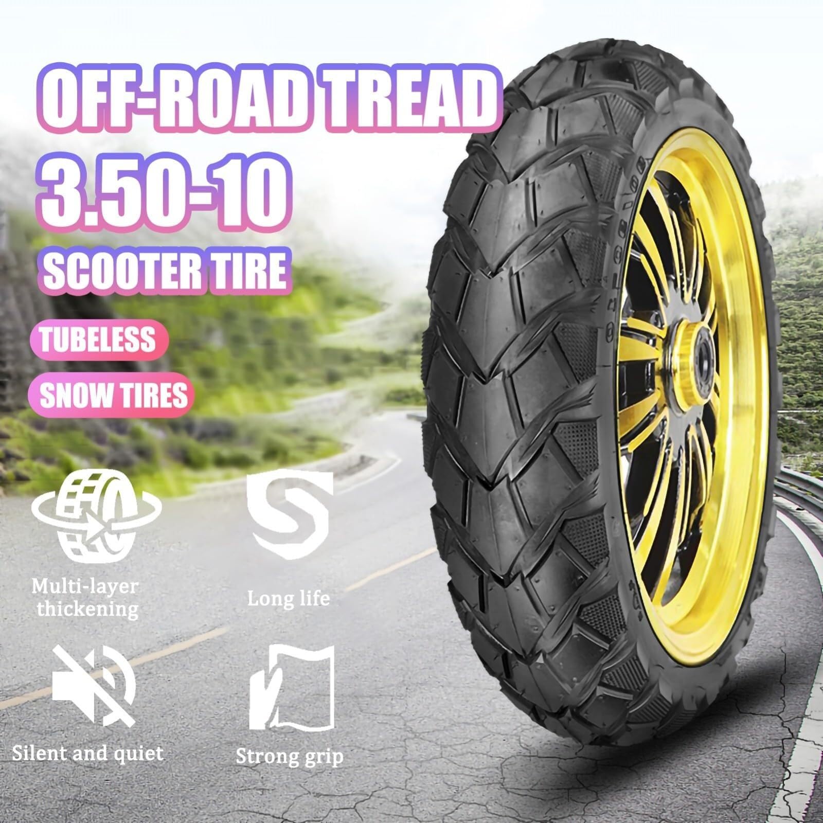3.50-10 Pneu Trottinette Tubeless 3.50/10 avec Profil Tout-Terrain pour Jantes 10 Pouces avec 3 50 10 8PR 57J 520lbs Double Ajustement 90/90-10