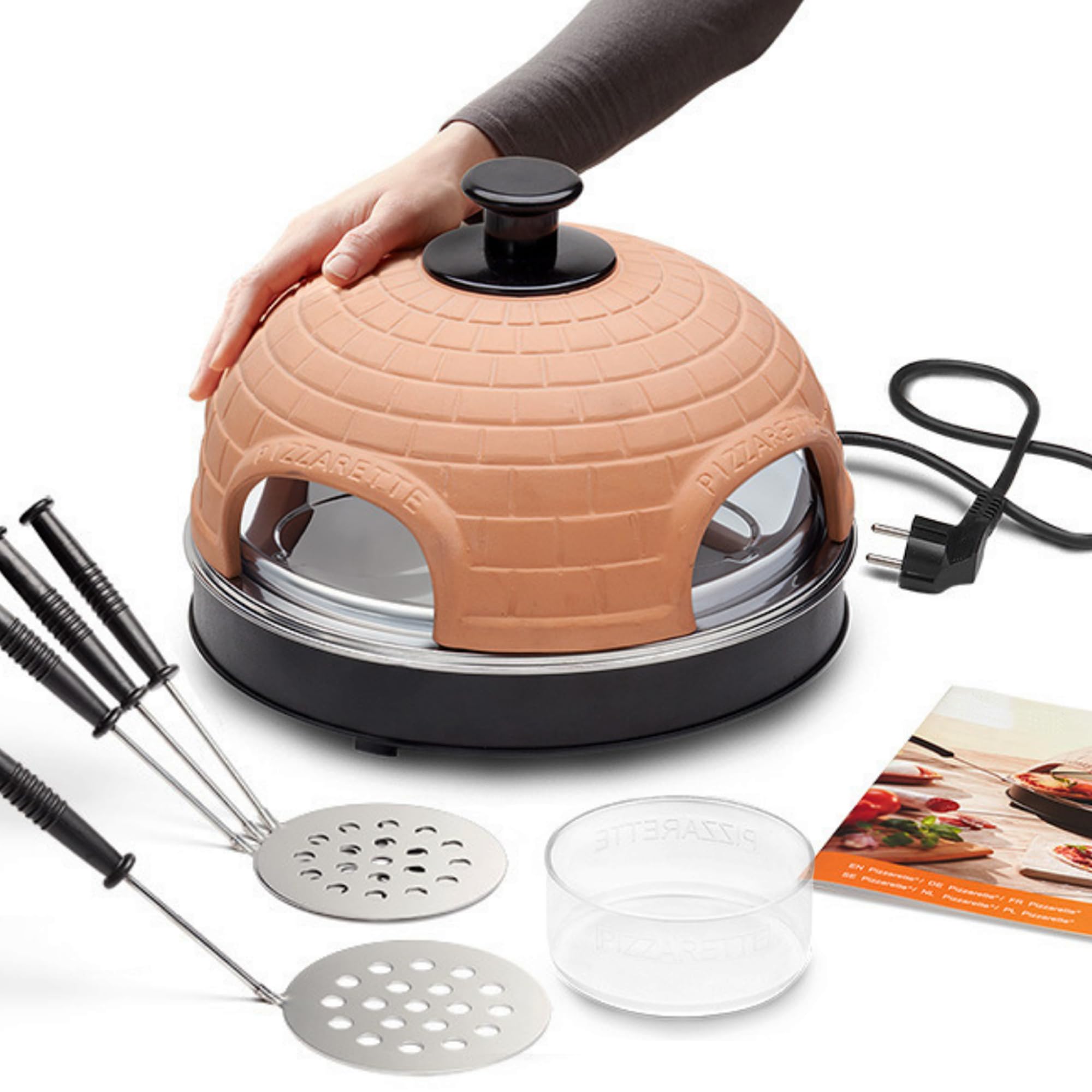 Monsterzeug Elektryczny mini piec do pizzy, piec do raclette, przenośny piec kamienny do domu, z patelniami do pizzy z uchwytami izolowanymi termicznie