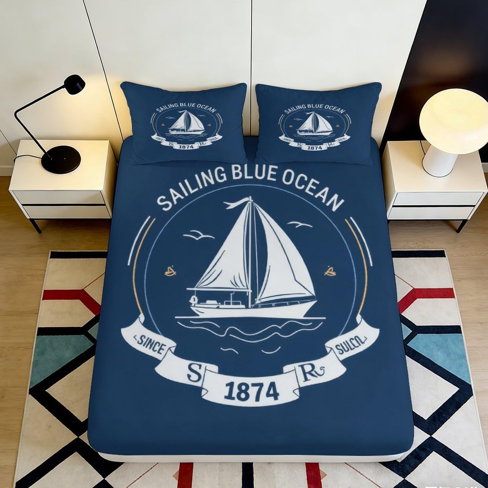 3D Printed Sailing Blue Ocean Fitted Sheet Microfiber Nautical Sailboat Bed Cover Anti-Slip Easy Care for Bedroom Guest Room Decor 140x200x25cm