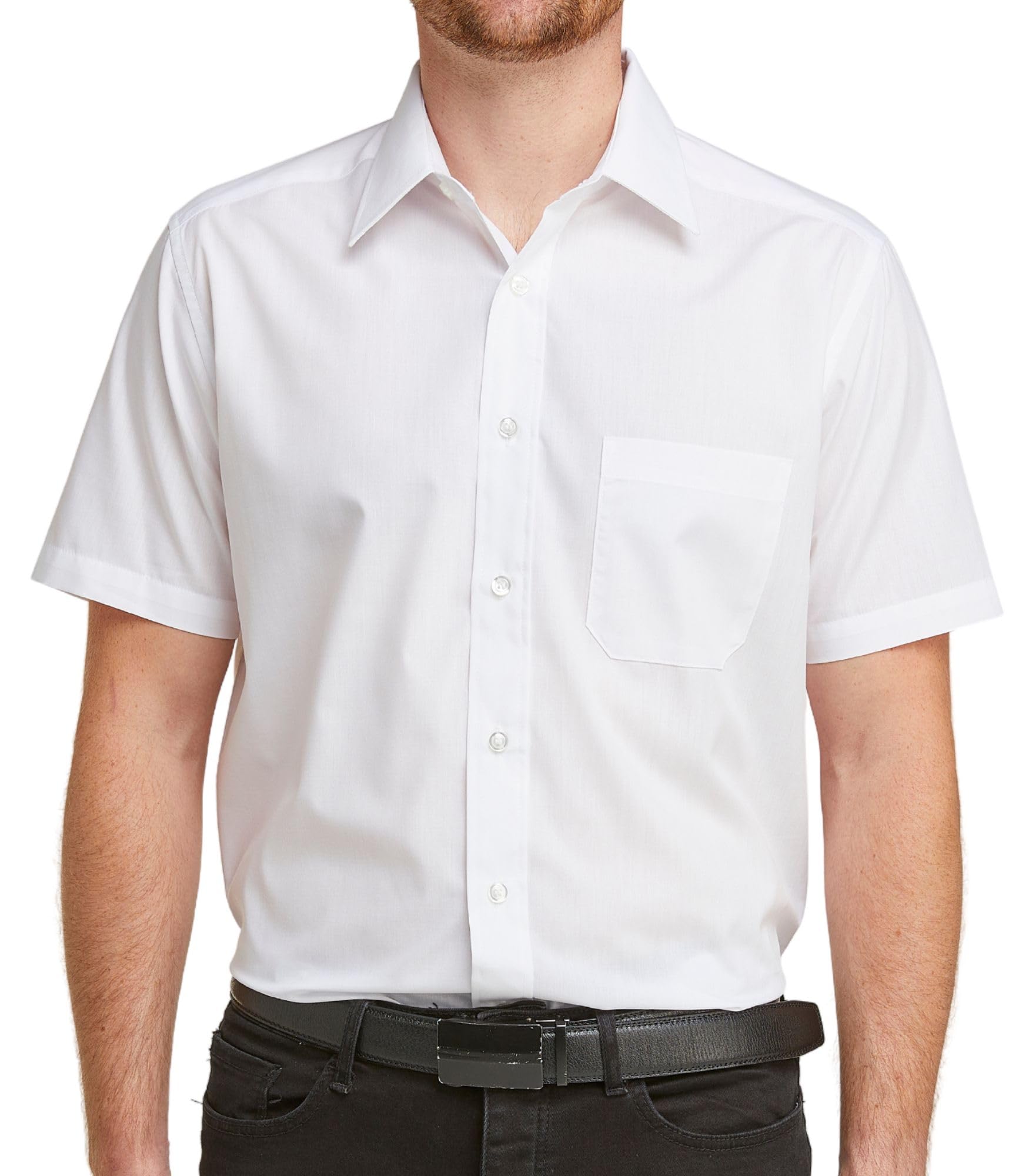 Double TWO Men's Short Sleeve Dress Shirt Easy Care Classic Fit Formal Plain Business Shirt - White, 19in Collar