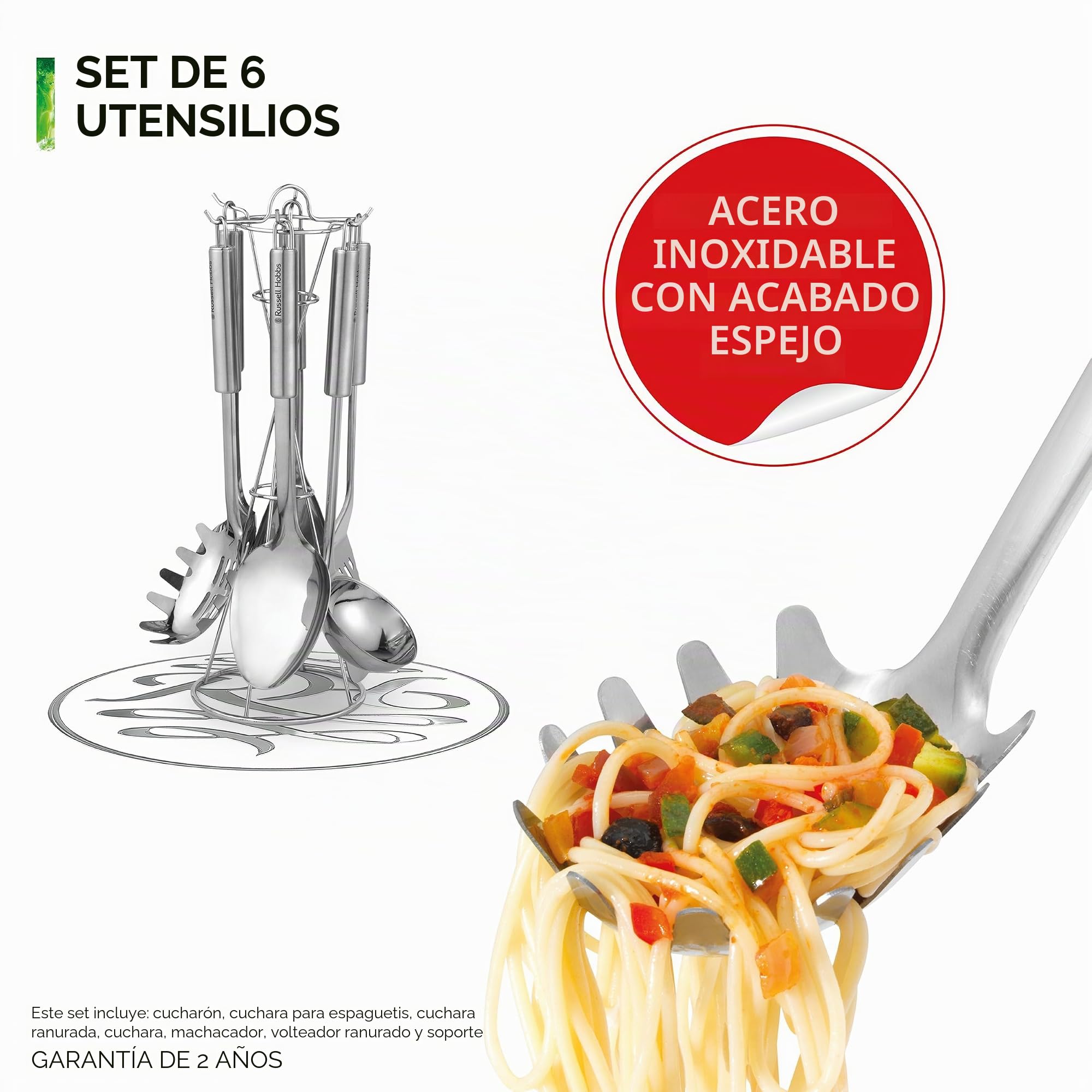 Russell Hobbs RH00123 Juego de Utensilios de Cocina de Acero Inoxidable con Soporte, De 6 Piezas, Incluye una Cuchara sólida y ranurada, cucharón, machador de patatas y cuchara para pasta, Plateado