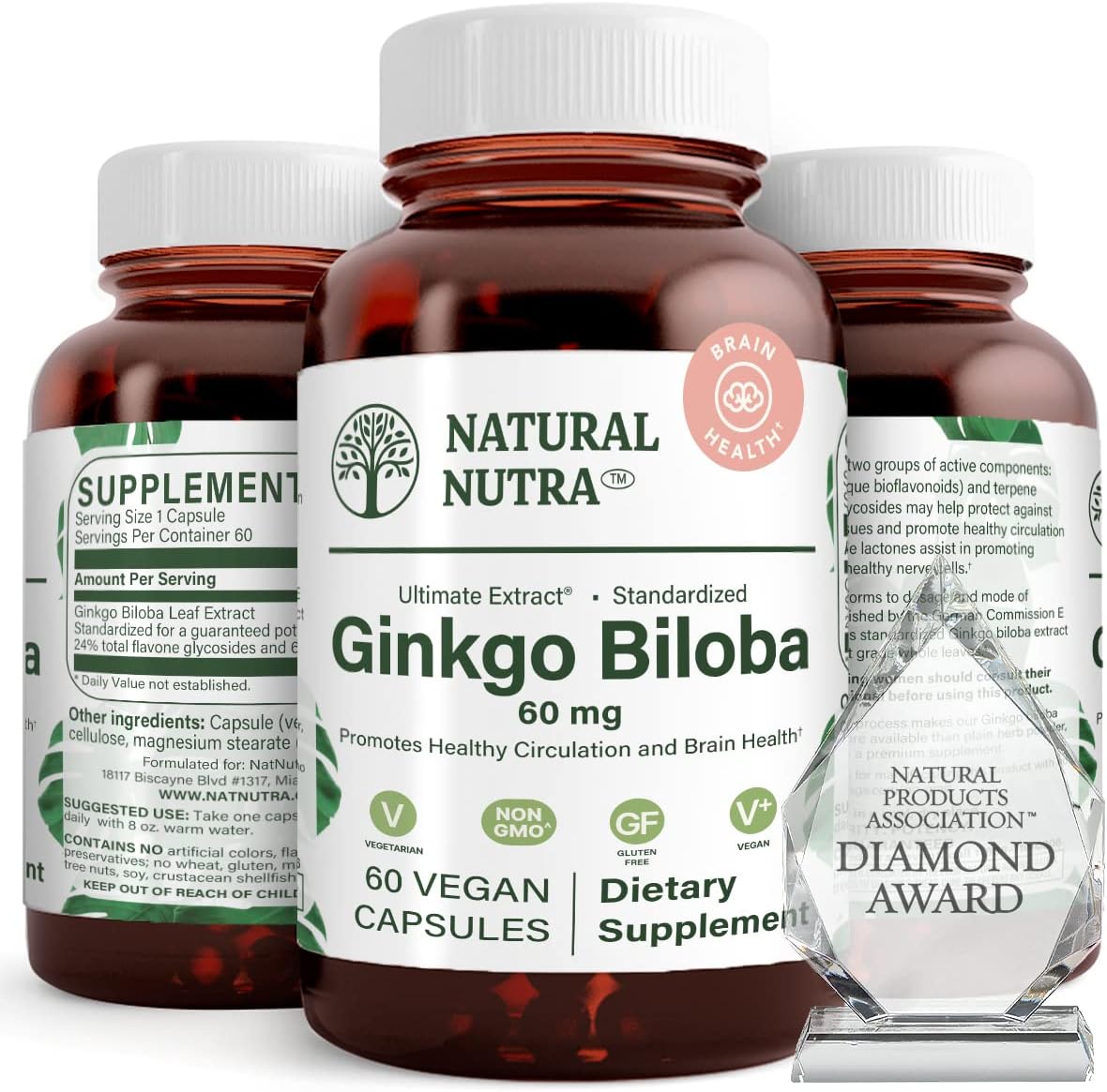 Ginkgo Biloba, Improves Circulation to The Brain and Boosts Memory, Increases Oxygen Flow, and Enhancing Brain Function, Vegan and Gluten Free, (60) Capsules