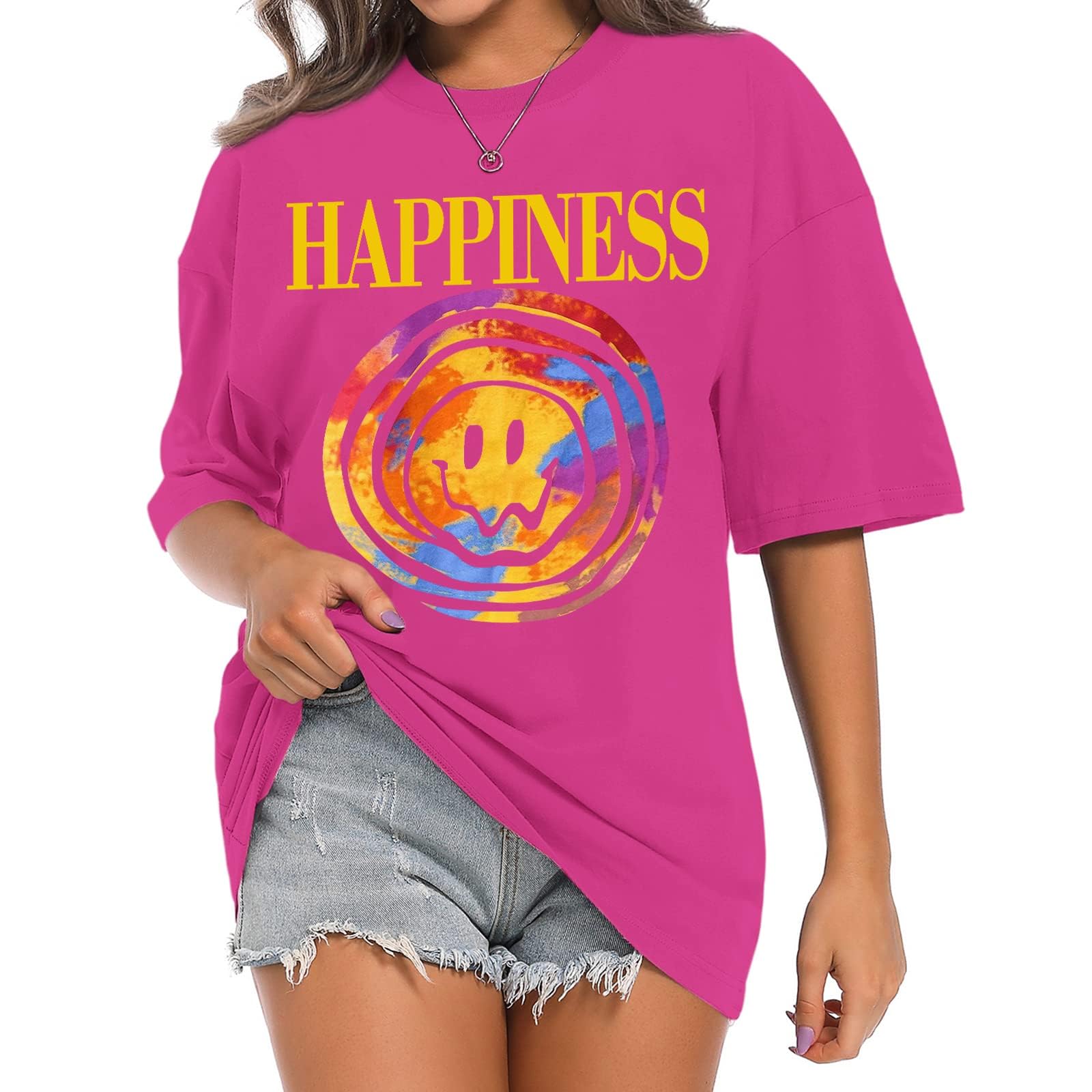 WrenpiesSmile Face Preppy Graphic Tees for Teen Girls Gym Baggy Cute Oversized T Shirts Slogan Aesthetic Tops for Women