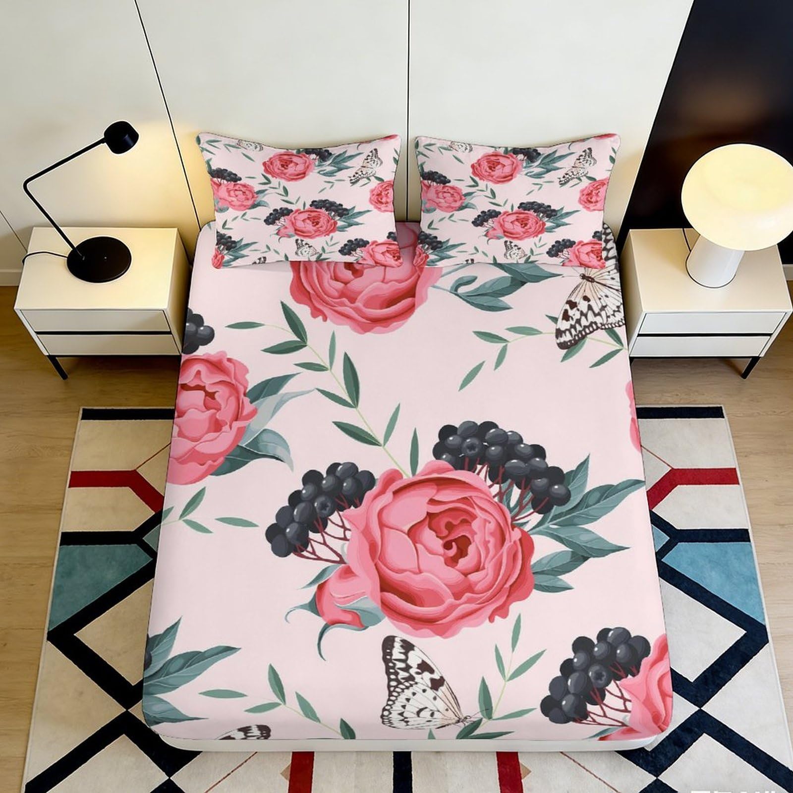 3D Printed Peony Floral Fitted Sheet Microfiber Soft Pink Butterfly Bed Sheet for Bedroom Guest Room Decor Mattress Protection 140x200x25cm