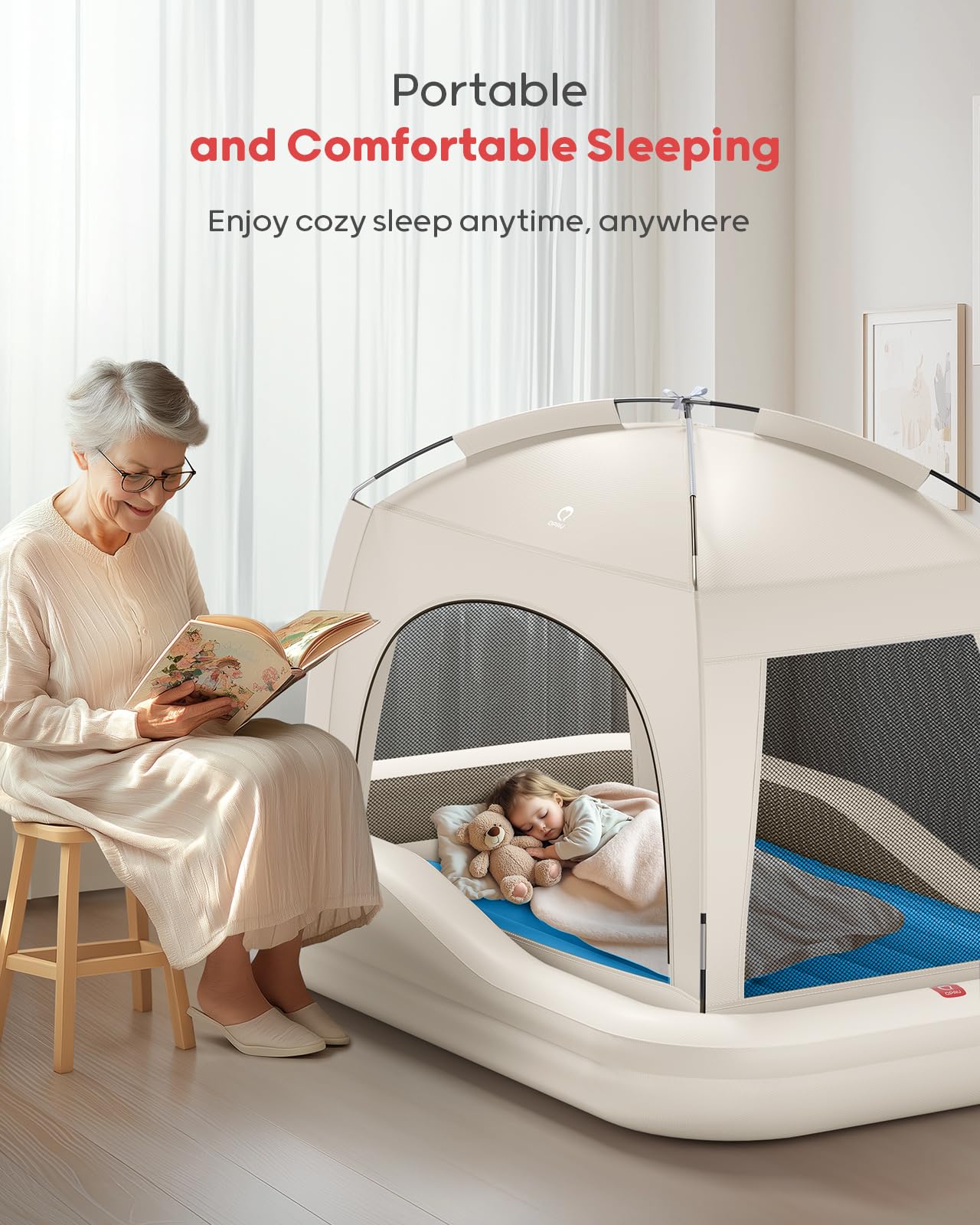 QPAU Inflatable Toddler Travel Bed, color caqui y azul
