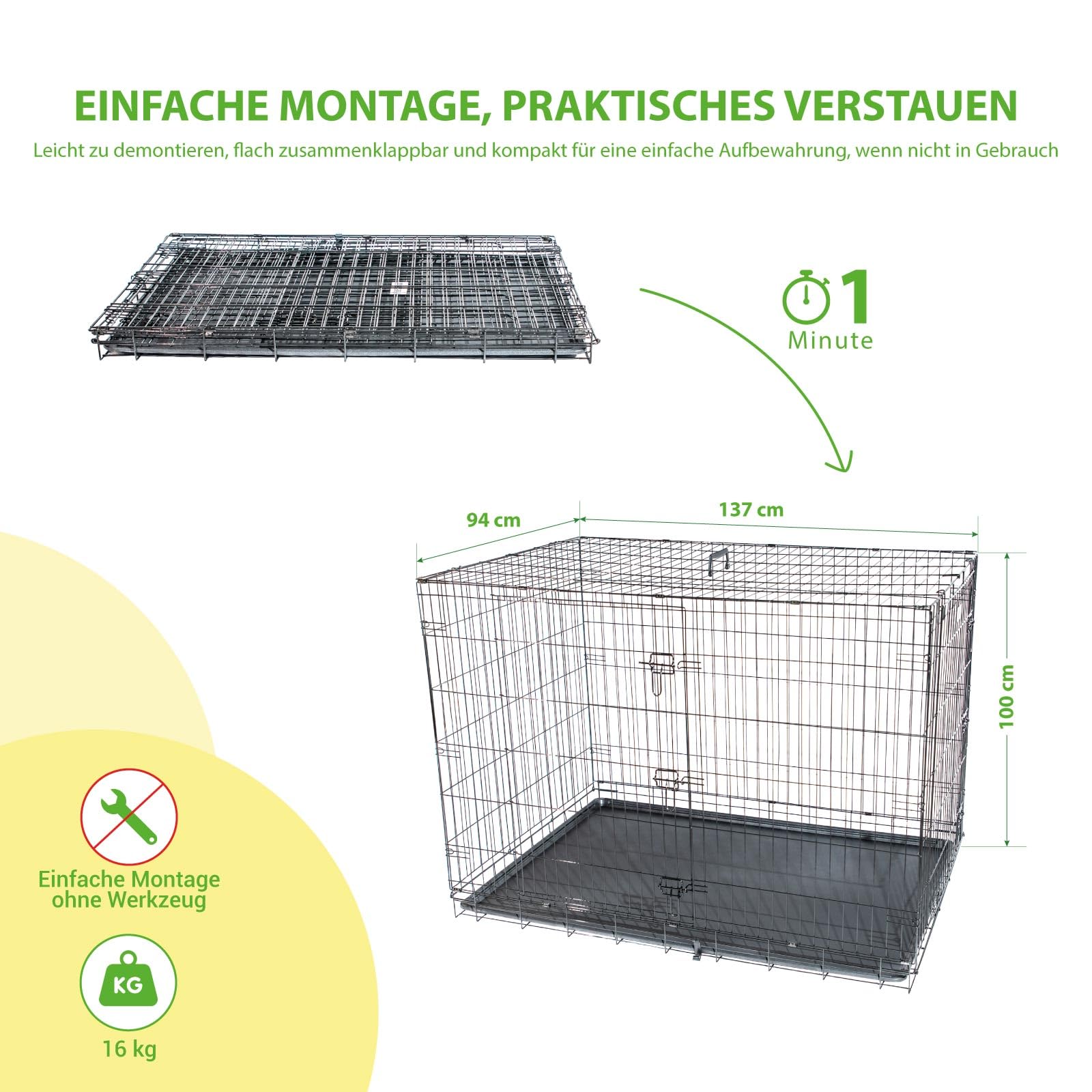 Hundetransportbox klappbar, Hundebox für mittelgroße Hunde 137x94x114cm, 2 Türen, herausnehmbares Tablett, für Innenbereich, 5 Jahre Garantie