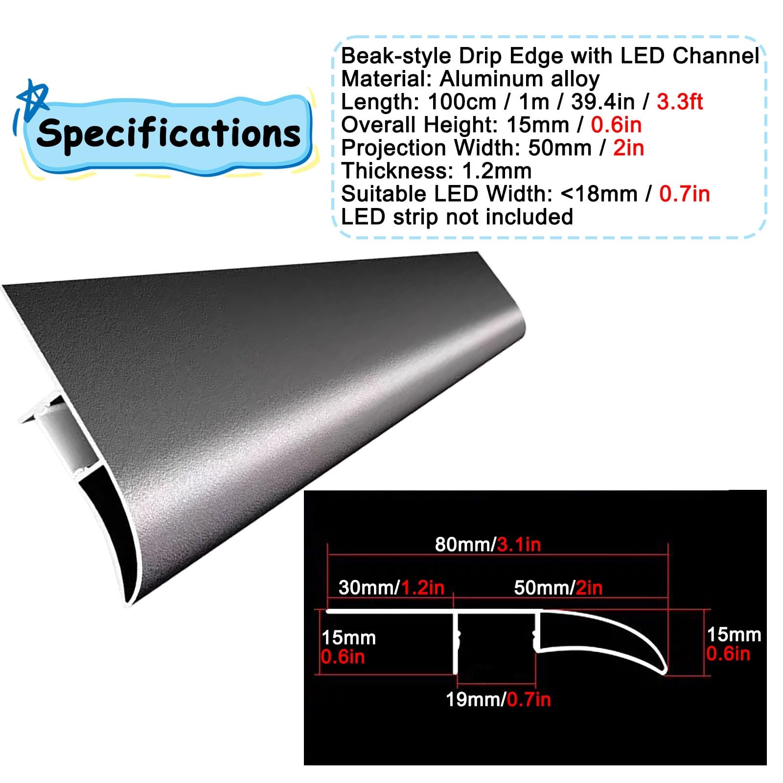 Borde goteo Perfil vierteaguas pico de ave con canal LED, remate alero techo aluminio, perfil impermeable desviador lluvia y protección borde muro exterior(8 PSC)