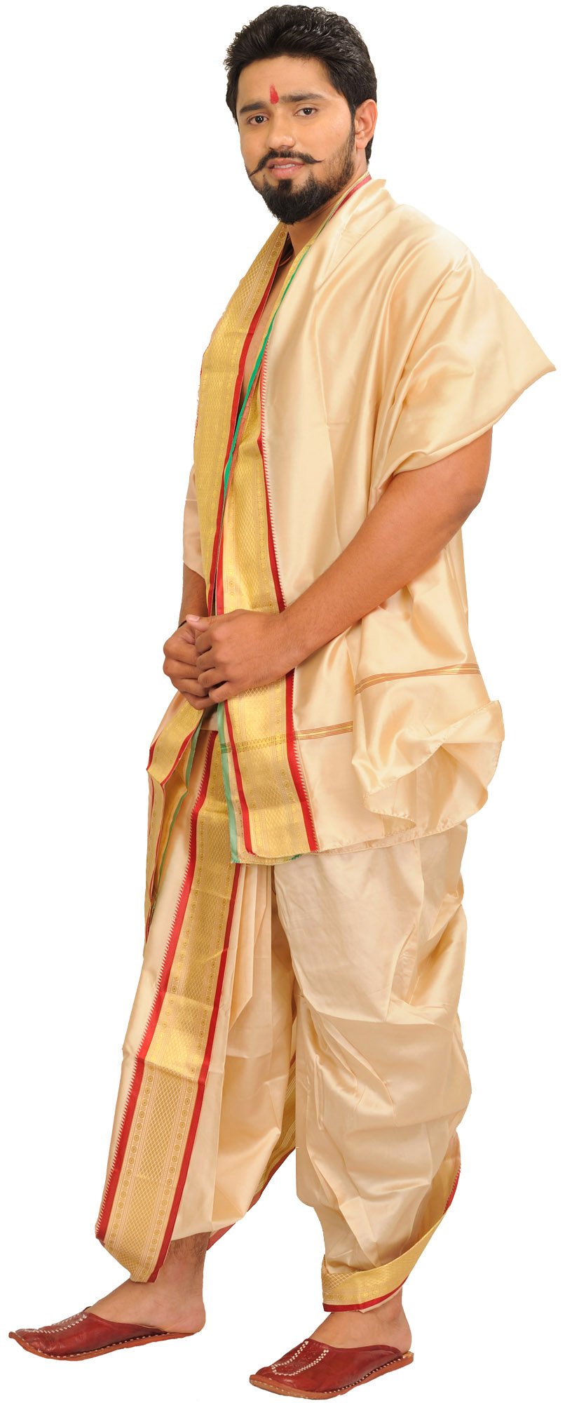 Exotic India Ready to Wear Dhoti and Veshti Set with Woven Golden Border
