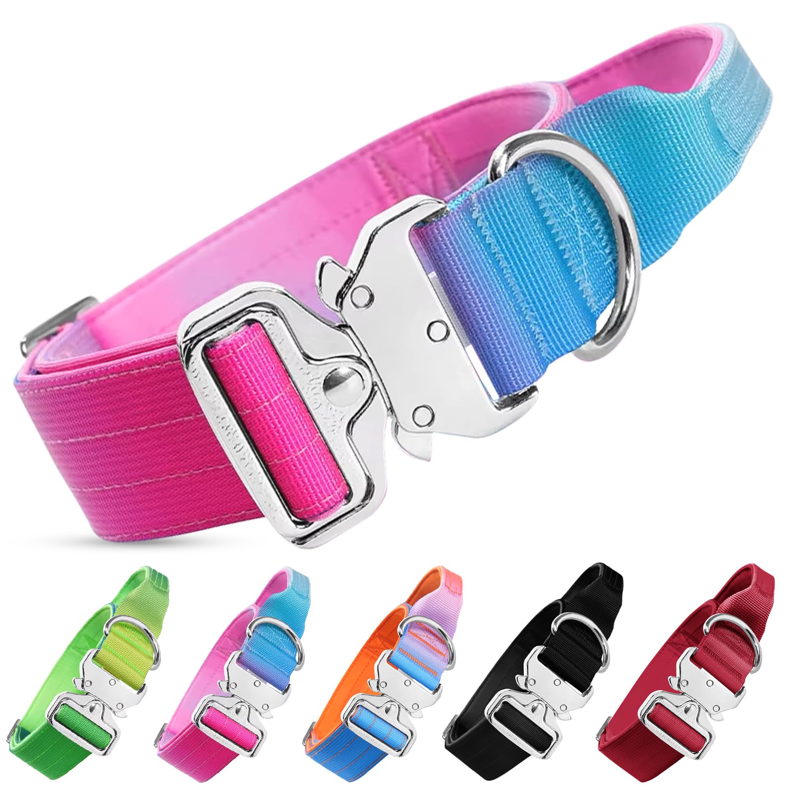 Olcyren Tactical Dog Collar, Adjustable Nylon Dog Collar with Handle and Quick Release Metal Buckle, Heavy Duty Wide Thick Pet Collars for Medium Large Dogs Training (Pink Blue Purple Gradient, L)