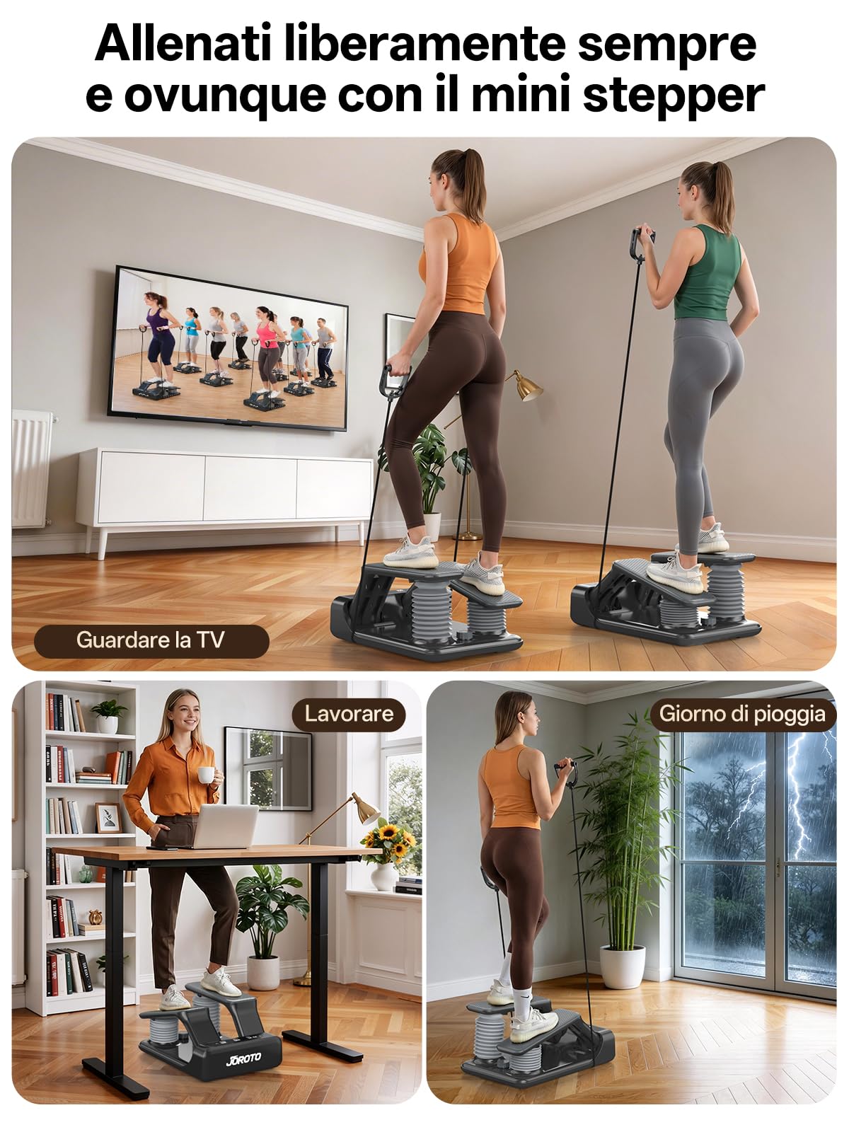JOROTO Stepper ad Aria per Casa, Mini Stepper con Intensità Regolabile su 5 Livelli + Fasce, 300 LBS/136 KG, Silenzioso, Display LED Ricaricabile, per Appartamento & Home Gym