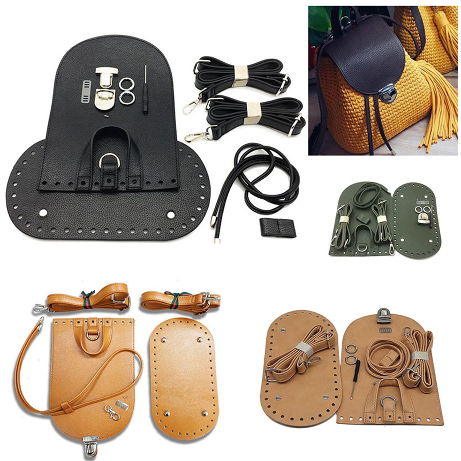 Handgefertigtes Häkeltaschen-Zubehör-Set mit verstellbarem Riemen, PU-Lederboden und Boden zum Basteln von Rucksäcken, Geldbörsen, Rucksäcken, Reparaturzubehör