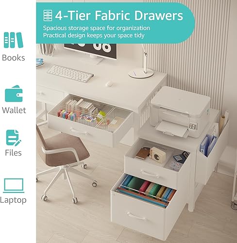 Miniatura 6 de Lufeiya Escritorio blanco para computadora con cajones de tela, escritorios de oficina en casa de 40 pulgadas con archivador soporte de impresora