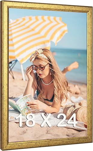 MOUDAMION Marco de madera de 18 x 24 pulgadas, color dorado, ornamentado natural, marco de fotos para póster de 24 x 18 pulgadas, moderno, dorado,