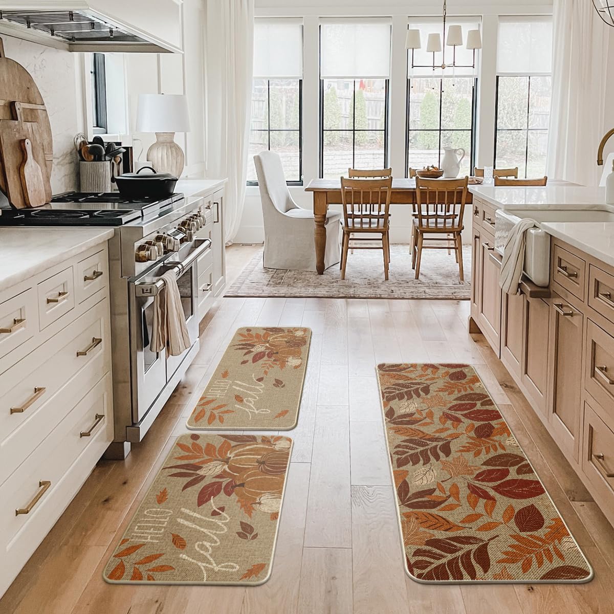 Artoid Mode Vintage Maple Leaf Pumpkin Fall Kitchen Mats Set of 3, Home Party Low-Profile Kitchen Rugs - 17"x29"+17"x36"+17"x47"