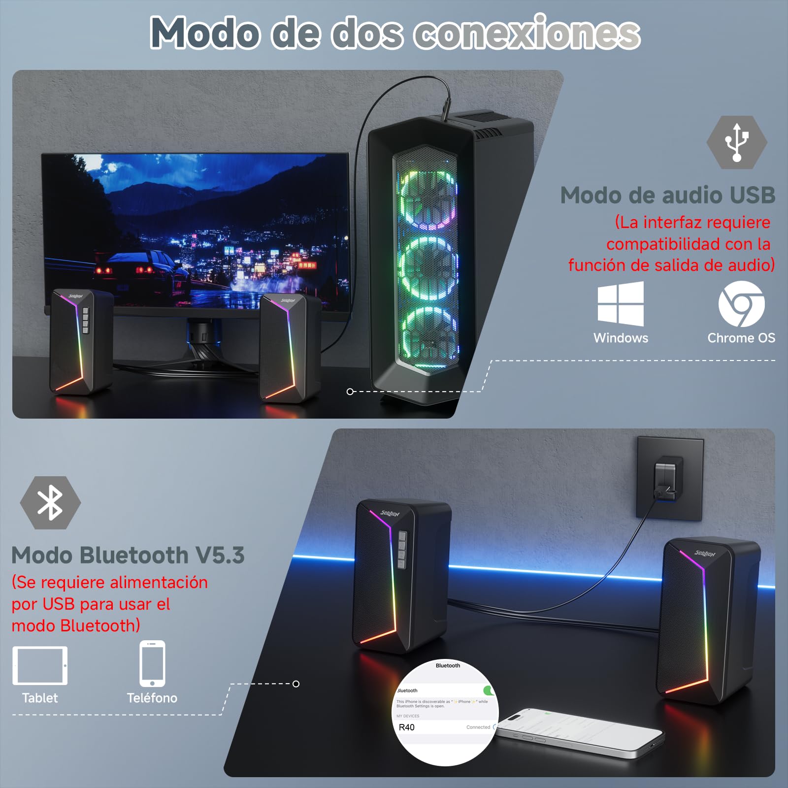 SOULION Altavoces para PC, alimentación USB-C/USB, iluminación LED, 1 par | con control de volumen, altavoces de escritorio con modo USB/Bluetooth para teléfonos, Tablet y monitores, Negro