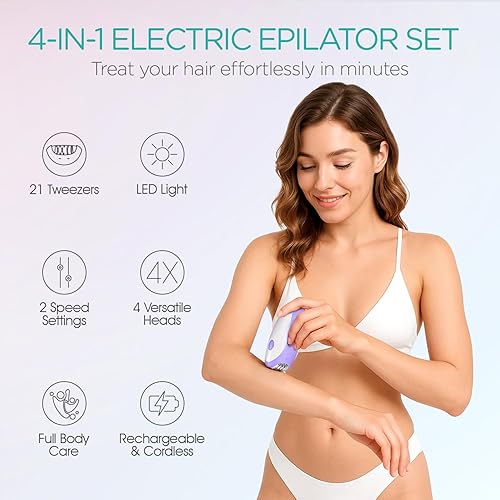 Miniatura 10 de Depiladora para mujer, depiladora inalámbrica para mujeres, depiladora eléctrica 4 en 1, 2 velocidades y 21 pinzas para cara, piernas, brazos,