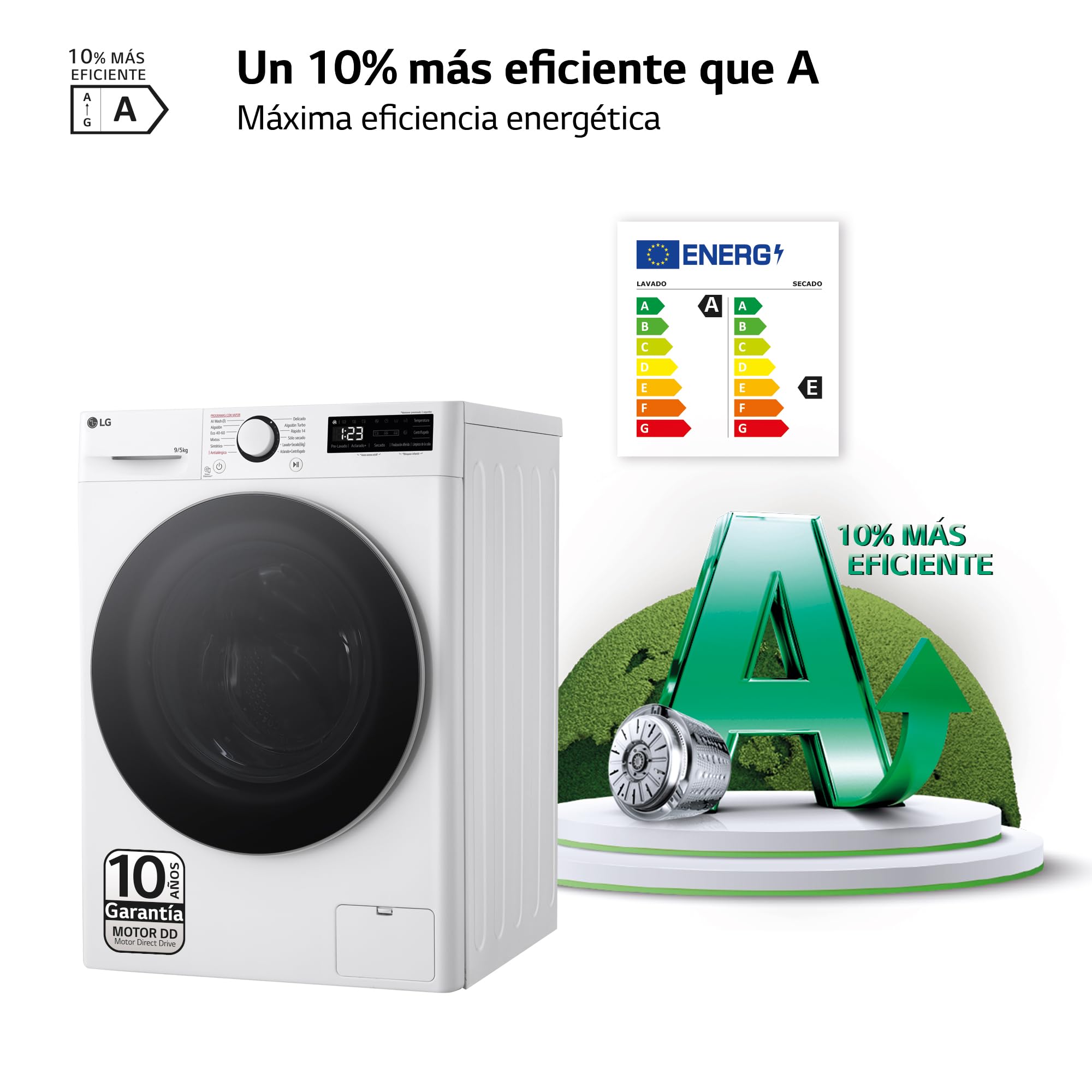LG F2DR5S09A1W - Lavadora Secadora Inteligente, 9/5kg, AI Direct Drive, 1400rpm, Carga Frontal, TurboWash 360º, Vapor Steam, Serie 500, Blanco