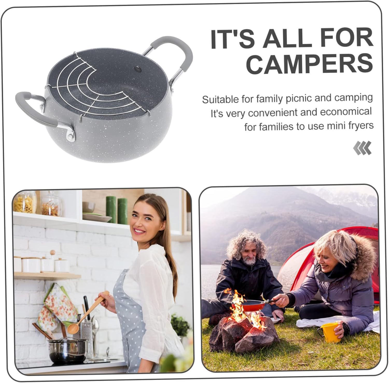 Japanese Style Deep Fryer Pan with Double Handles and Oil Drainer Rack Portable Frying Pot for Crispy Tempura Fried Chicken French Fries Heat Resistant Household Cooking