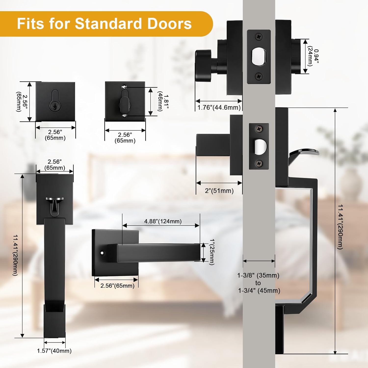 Probrico Black Front Door Handle Set,Exterior Door Handle with Deadbolt,Entry Door Lock Set,Single Keyed Cylinder with Door Lever