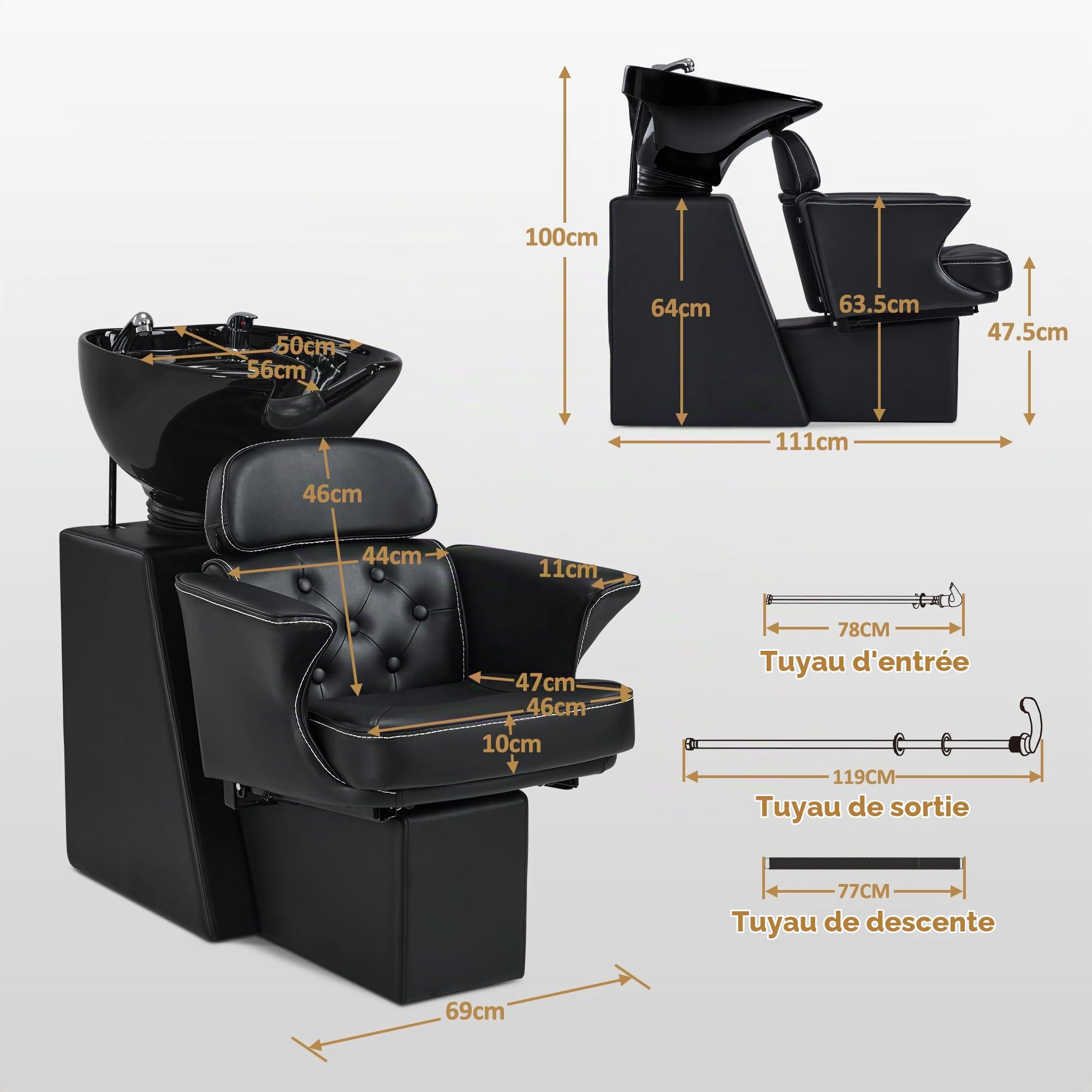 BarberPub Chaise de barbier avec lavabo & Dossier réglable, lavabo en céramique réglable, Chaise de Coiffure Moderne pour Spa et Salon, Poste de Lavage de Coiffure 8692 (Noir/Cuir synthétique)