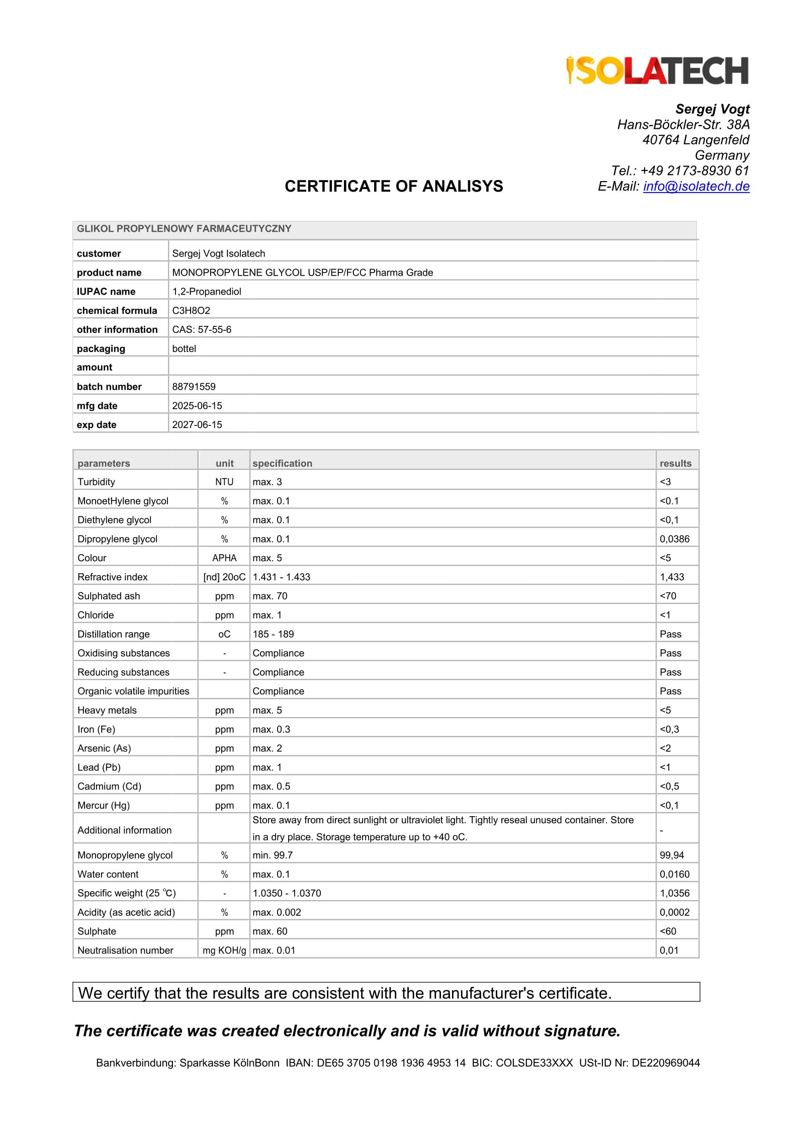 ISOLATECH Glikol propylenowy 0,5L (500 ml) 99,9% jakość farmaceutyczna | Do stosowania w przemyśle spożywczym i kosmetycznym | Bezbarwny, bezwonny | 1,2 propanodiol